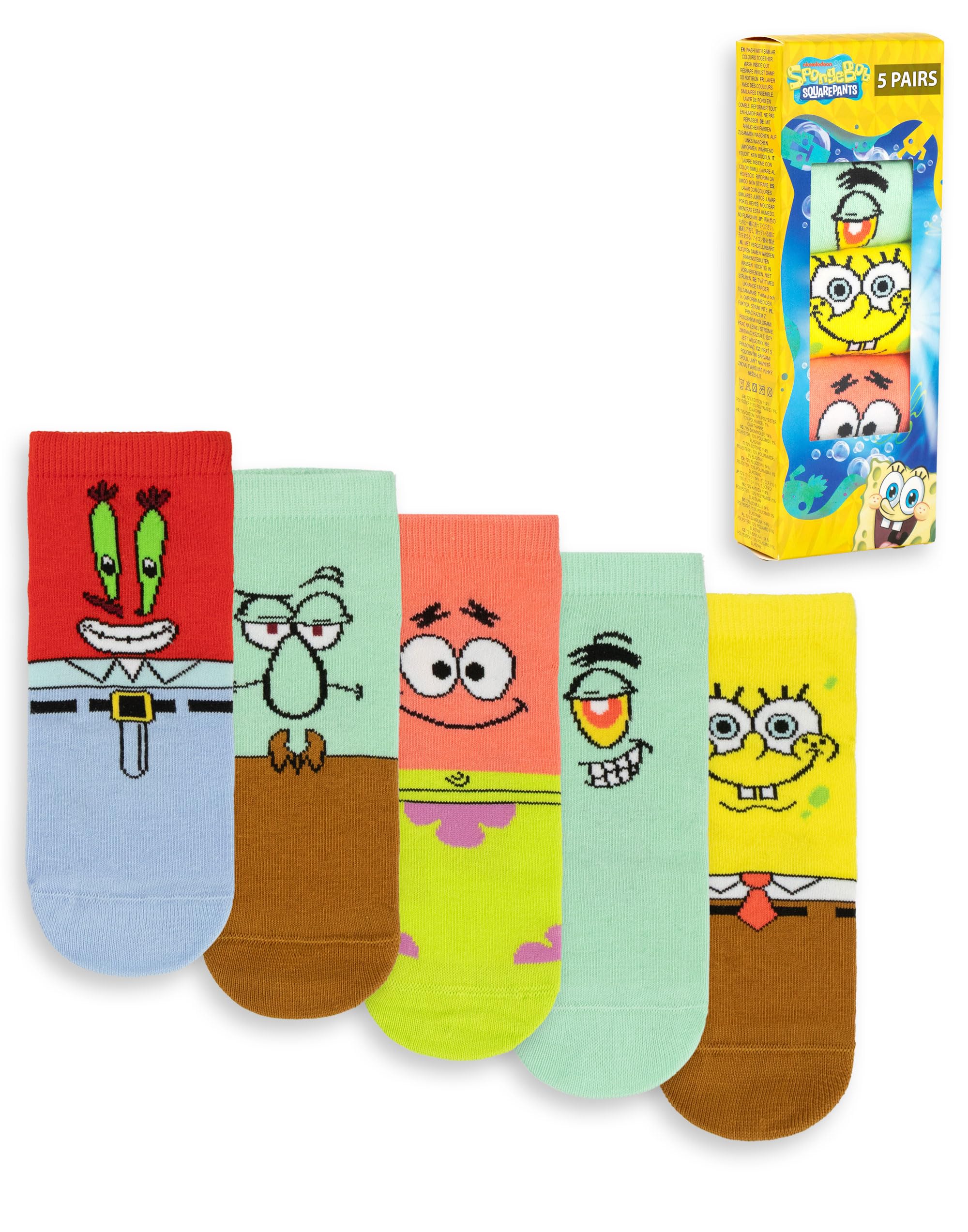 Vanilla Underground Unisex Kids Yellow/Green/Brown Spongebob Squarepants Multicoloured Multi-Character Graphics Calf Socks Set Of 5 - 4-6.5 Uk Child