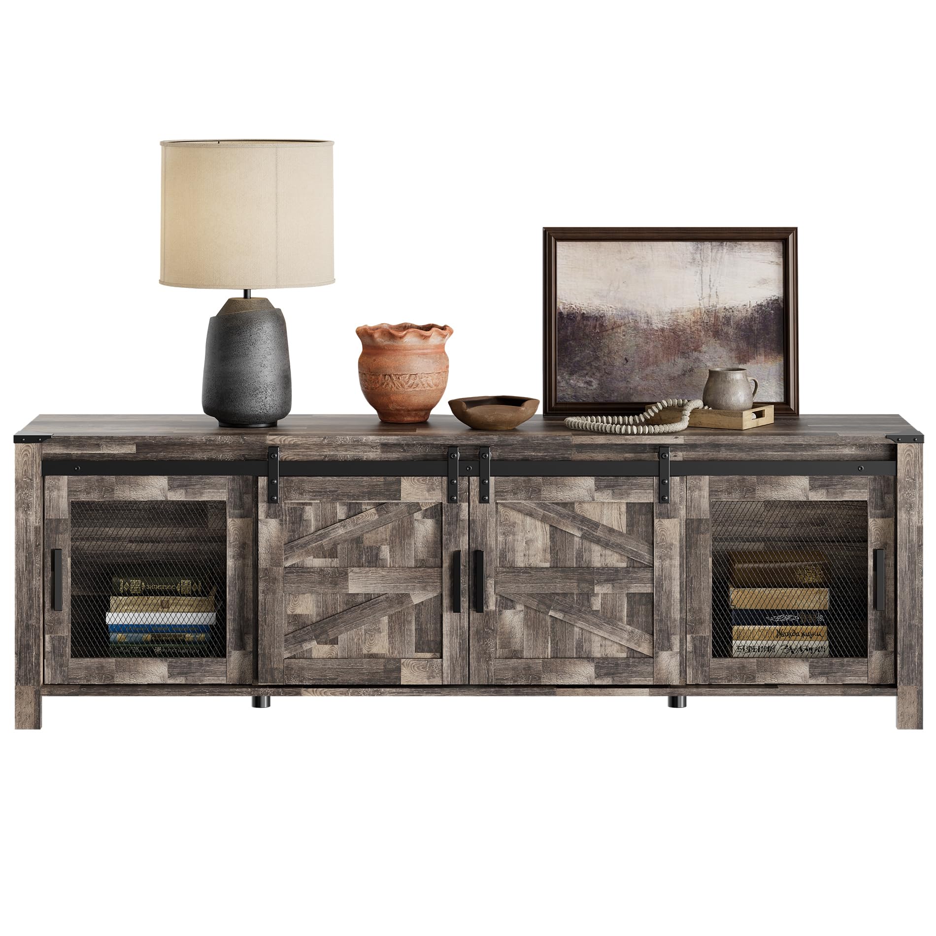 WAMPATFarmhouse Kitchen Coffee Bar Cabinet, 70" Sliding Barn Door Buffet Sideboard Cabinet with Adjustable Shelves, Wooden Accent Cabinet for Kitchen, Living Room, Dining Room，Brown