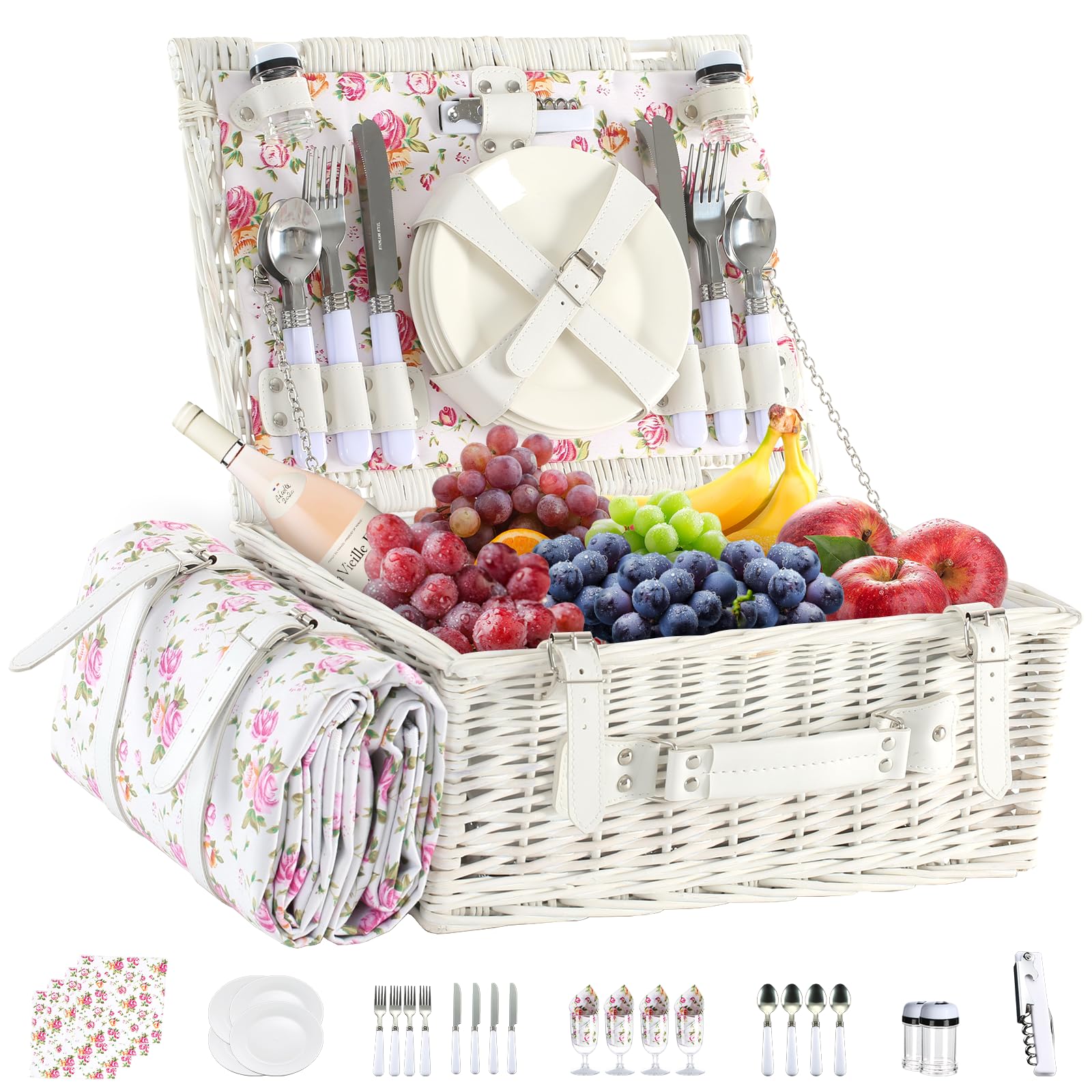 YPshuye Picnic Basket Set for 4 with Waterproof Picnic Blanket and Insulated Cooler, Large Wicker Picnic Hamper for Camping, Outdoor, Valentine's Day, Birthday, Wedding Gift โ image 1