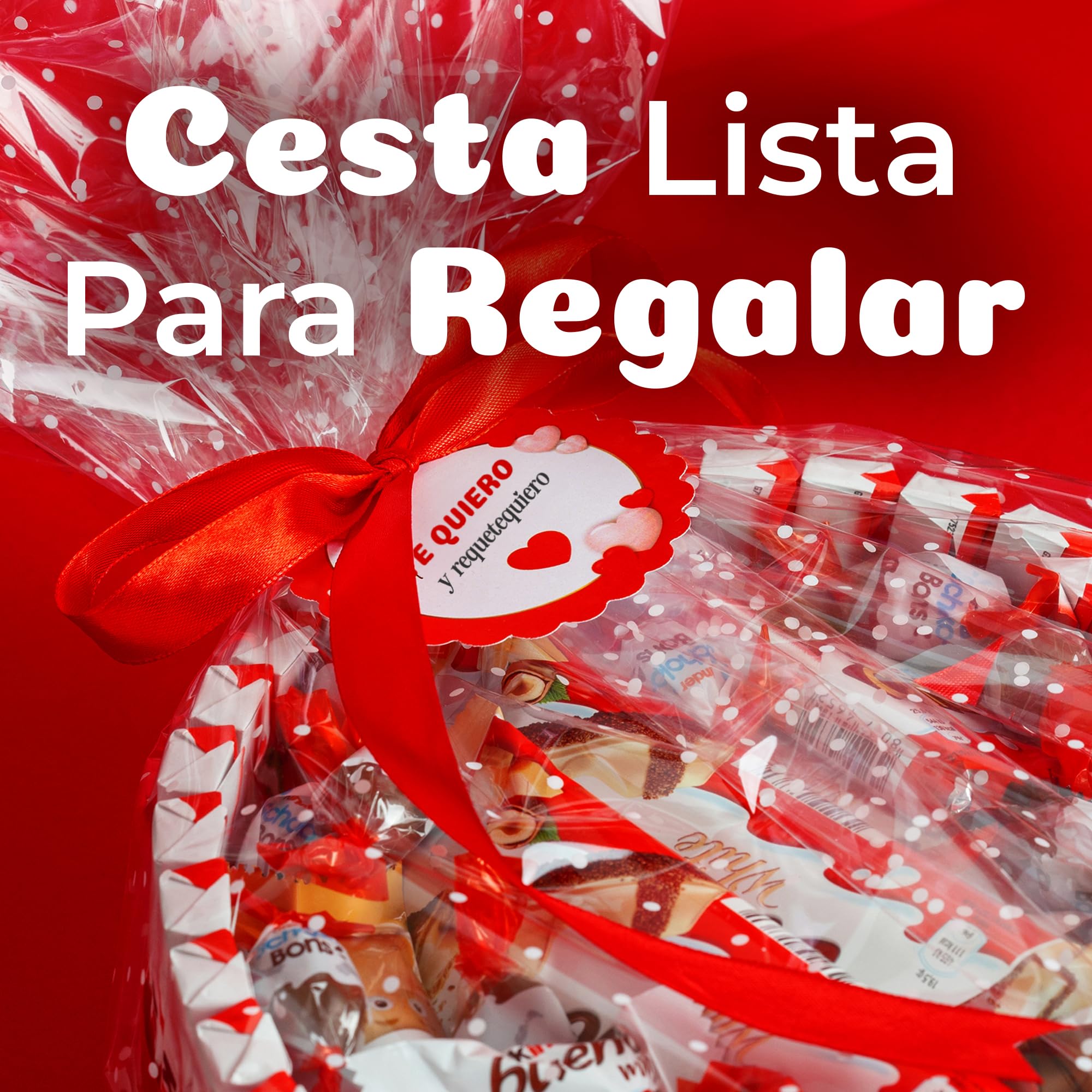 Onza. Cesta regalo de dulces Kinder Bueno. Tarta de chocolates originales para regalar que contiene Kinder bueno, Chocobons, Kinder happy hippo, Kinder chocolate