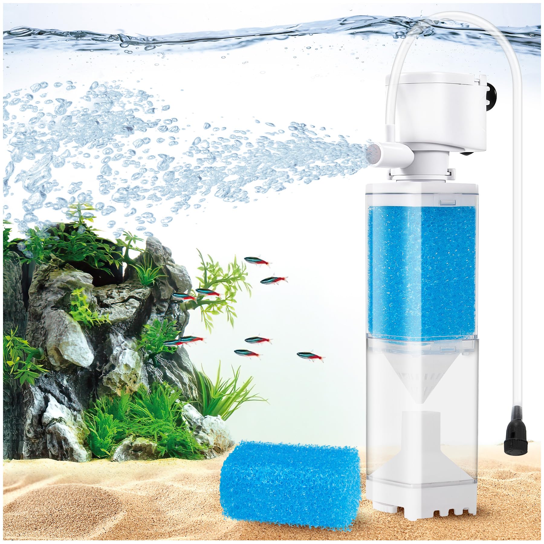 Vehipa Filtro Acquario 4W, 350L/H - per 20-80 Litri - Pompa con Funzioni di Ossigenazione Regolabile, Circolazione dell'Acqua e Filtraggio