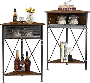 VECELO 3-Tier Corner Shelf, Multipurpose Storage Cabinet Organizer Rack Stand with Flip Door for Small Space in Living Room/Bedroom/Bathroom, Industrial Accent Table with Metal Frame, Set of 2, Brown