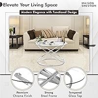 Vista 8 de Moderna mesa de centro redonda de cristal plateado, parte superior de vidrio templado de 26.7 pulgadas y base de patas cruzadas cromadas de lujo