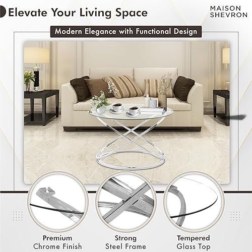 Miniatura 8 de Moderna mesa de centro redonda de cristal plateado, parte superior de vidrio templado de 26.7 pulgadas y base de patas cruzadas cromadas de lujo,