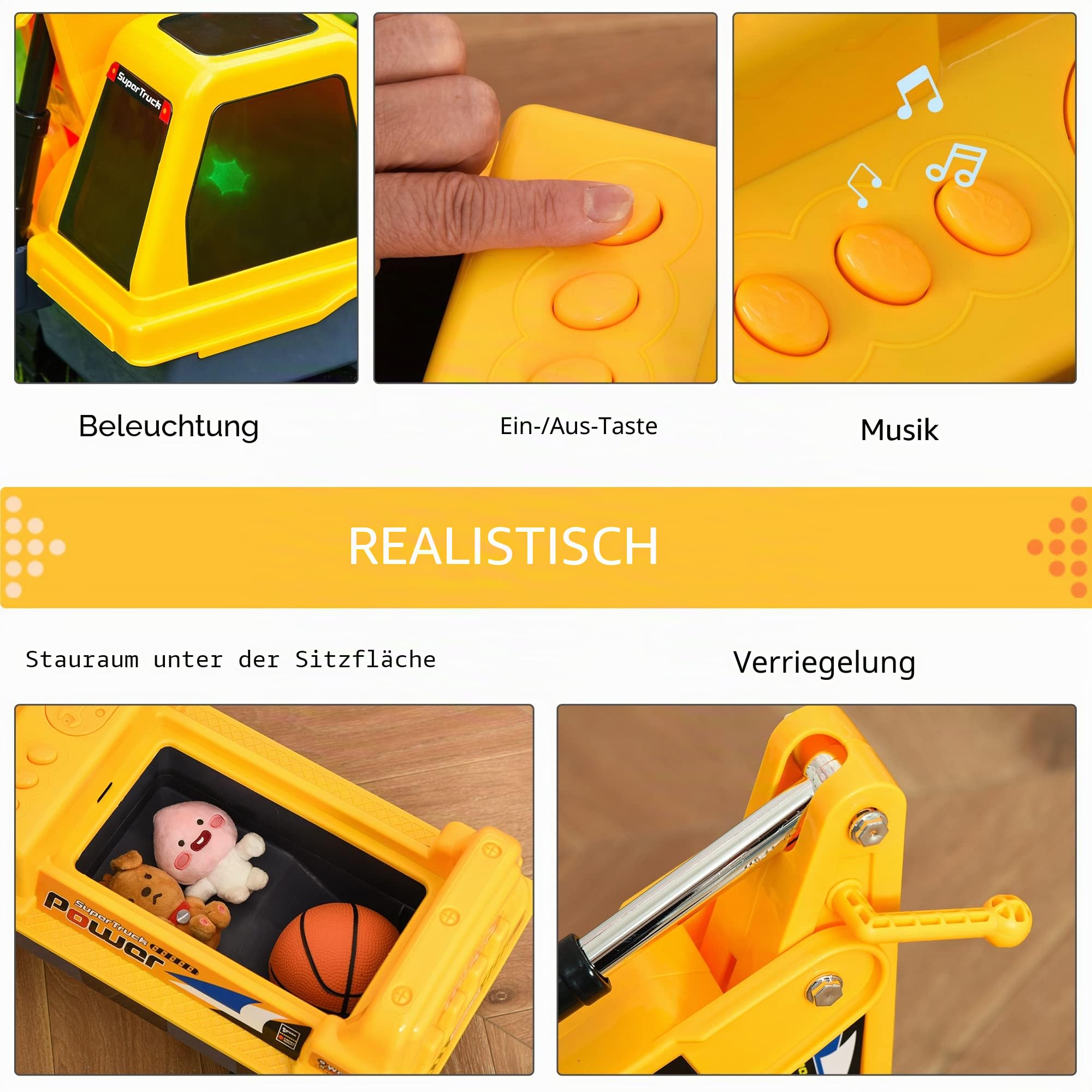 Homcom Kinder Tritor Lauflernhilfe Traktor 2 – 3 Jahre Bagger mit Gelenk, mit Zange inkl. Soundeffekte, Polypropylen, Gelb