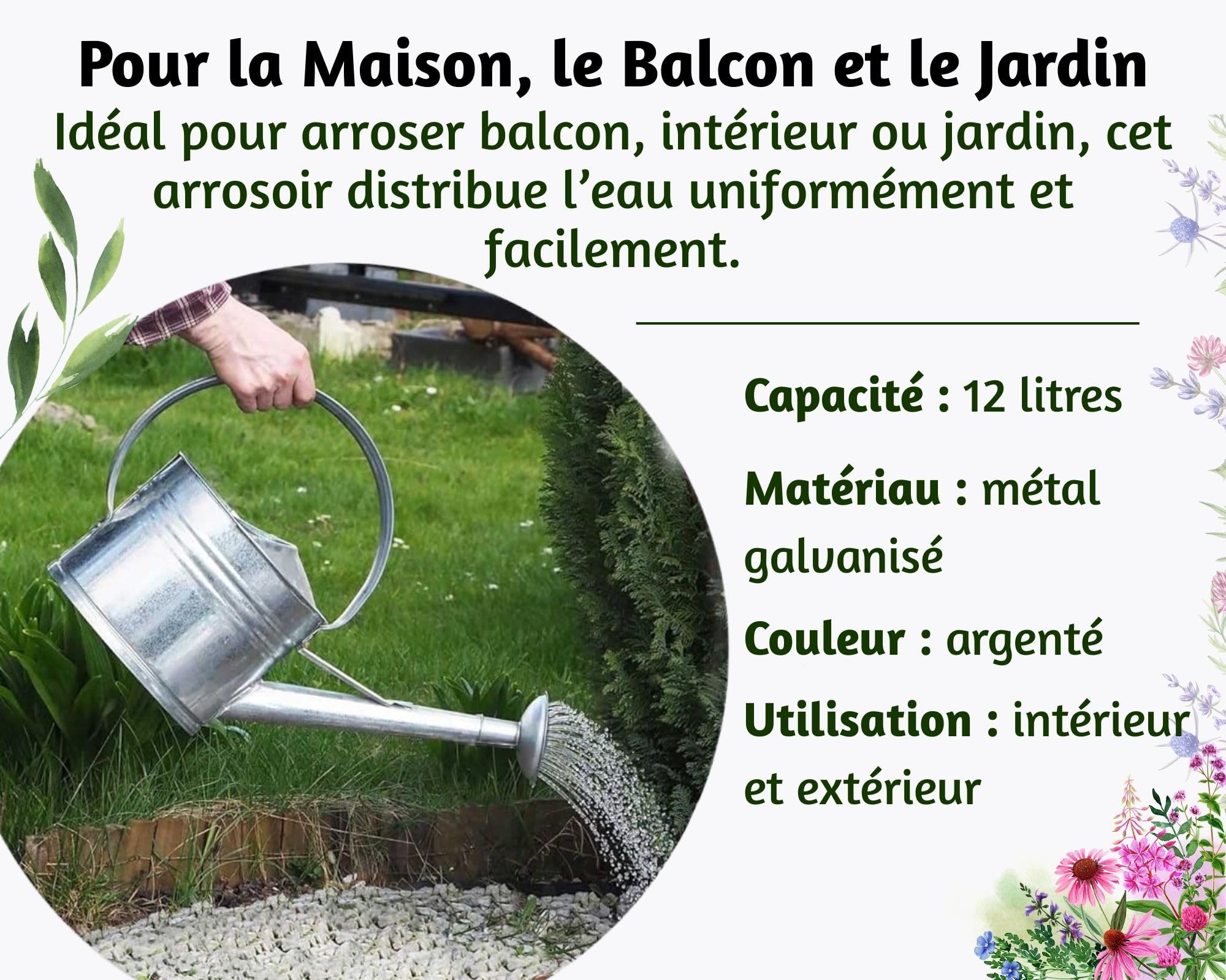 Arrosoir en zinc 12 l – Arrosoir en métal galvanisé avec douchette d'arrosage, arrosoir de jardin robuste en acier pour l'intérieur et l'extérieur, idéal pour l'arrosage des fleurs et