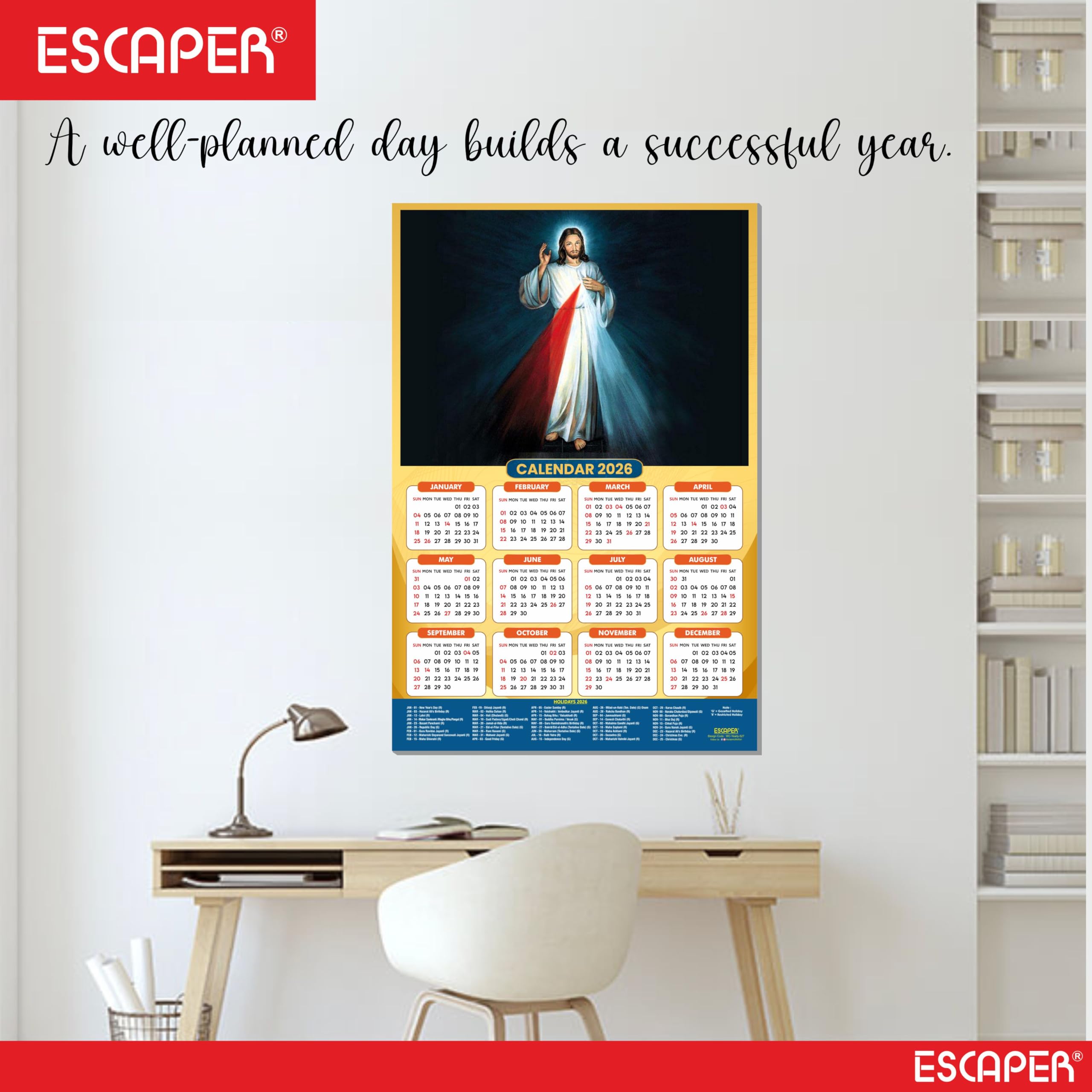 ESCAPER Calendario de pared de Jesús 2026, calendario cristiano laminado de 12 x 18 pulgadas, día festivo indio, decoración religiosa de Isa Masih para el hogar y la oficina