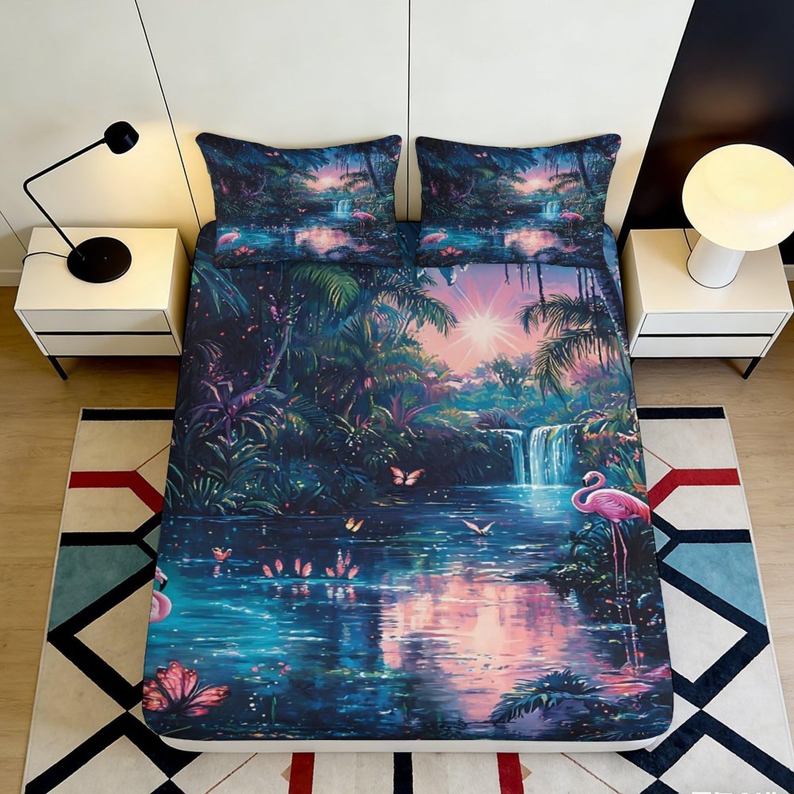 3D Printed Tropical Sunset Lake Fitted Sheet Microfiber Soft Flamingo Waterfall Mattress Cover Bedroom Decor 90x200x25cm