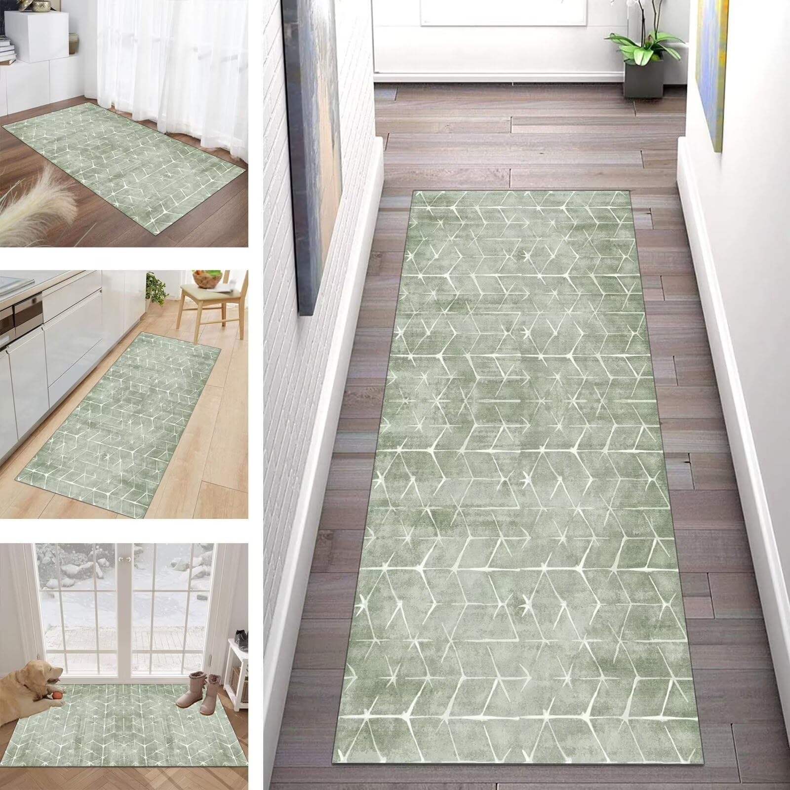 B مصطفى Long Hallway Rug Green for Corridor, Bedroom Modern Polyester Non-Slip Made to Measure Sold by the Metre