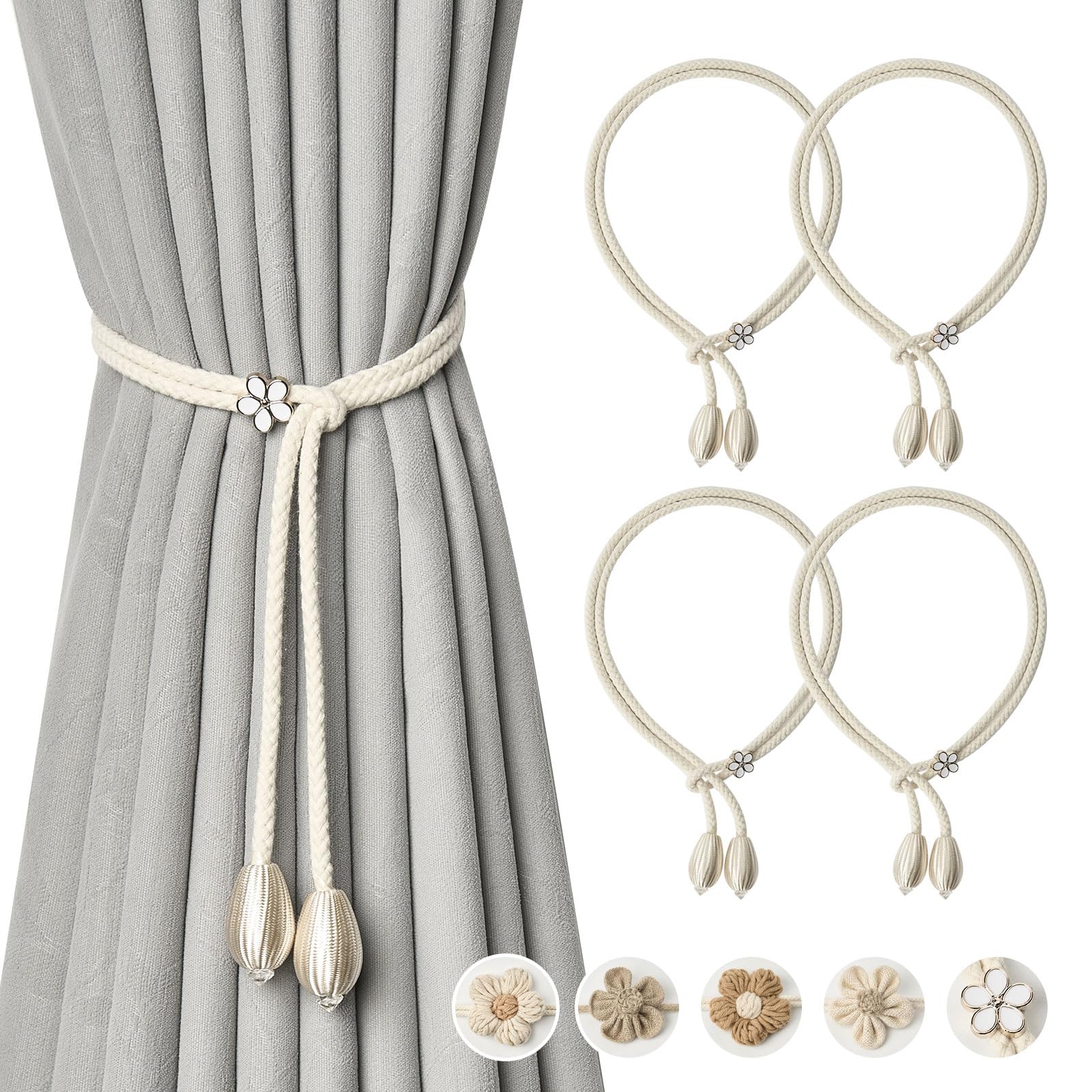 Pretty Jolly 4 Pack Cute Hand-Woven Flower Curtain Tiebacks Boho Farmhouse Style Home Decor Drape Tie Backs Adjustable Natural Cotton Rope Curtain Holdbacks for Home Office Window Draperies (Drop)
