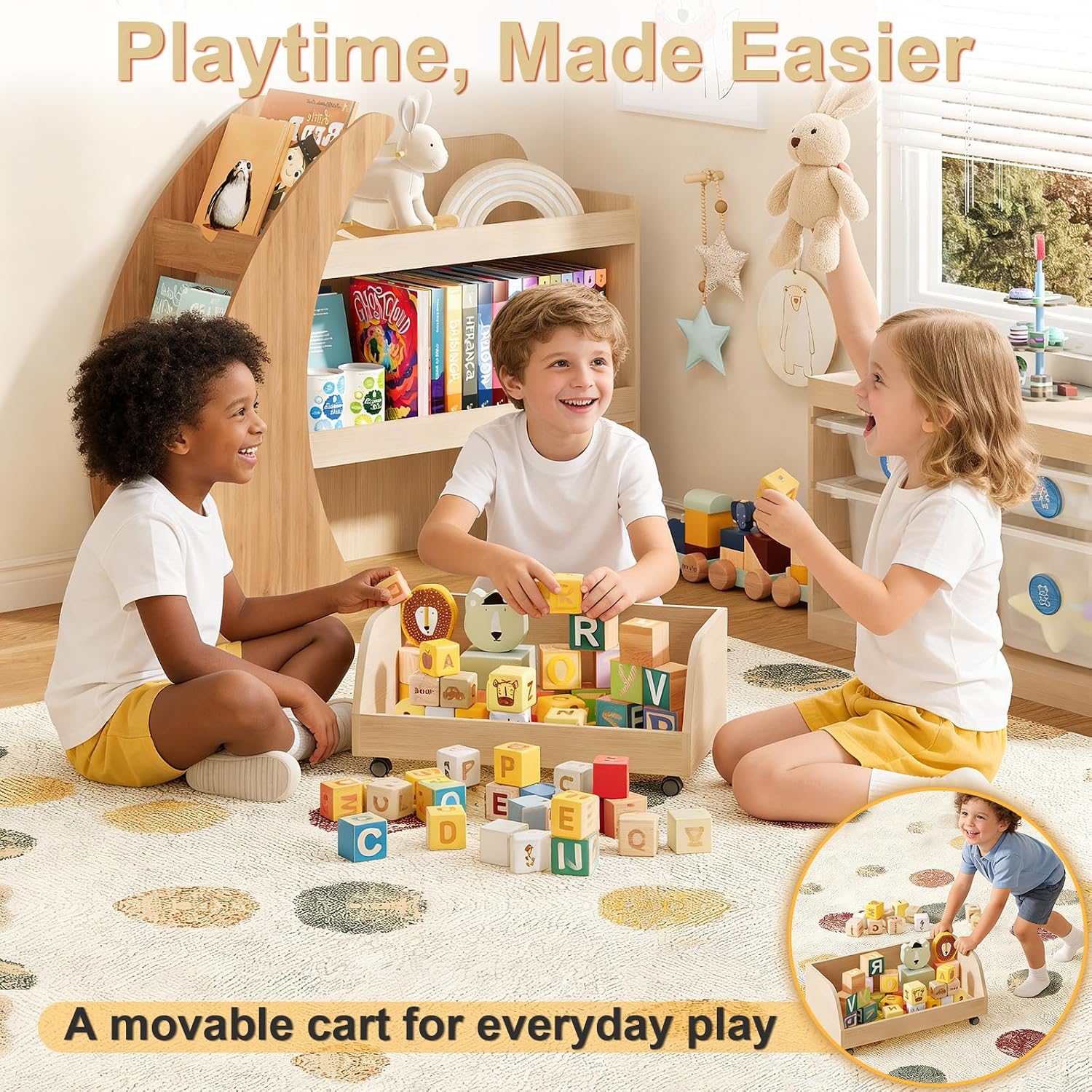 Kids Bookshelf with Toy Storage and Movable Drawer, Wooden Montessori Bookcase Organizer for Toddlers and Children
