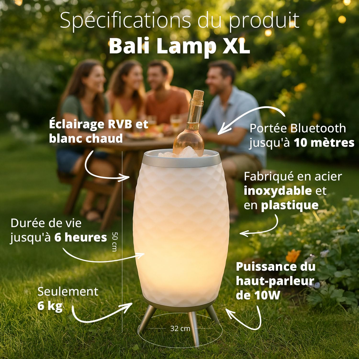 FlinQ Enceinte Bluetooth Bali - Blanc - XL | Enceinte lumineuse avec rafraîchisseur de bouteille | Portable avec lampe | Intérieur et extérieur