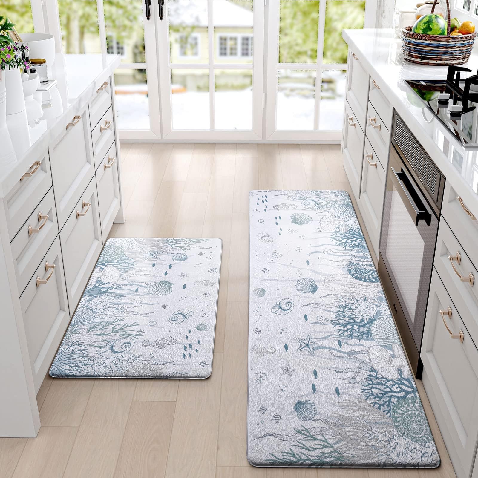 Likiyol 2Pcs Kitchen Mats for Floor Ocean Kitchen Rugs Non