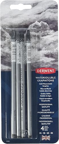 Miniatura 3 de Derwent Lápices de grafito solubles en agua, punta fina, negro, 4 lápices por paquete (34304)