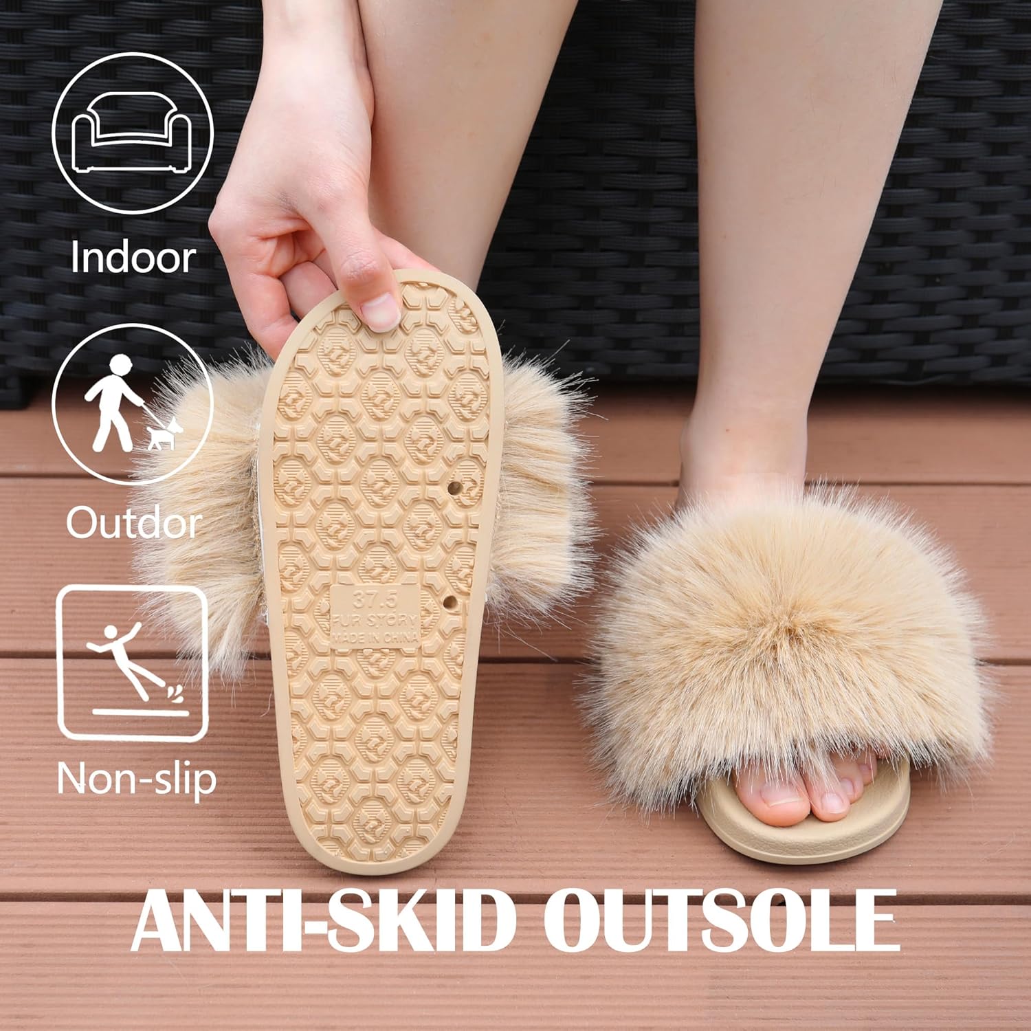 Women's Furry Slides Faux Fur Slides Fuzzy Slippers Fluffy Sandals Outdoor Indoor - Image 5