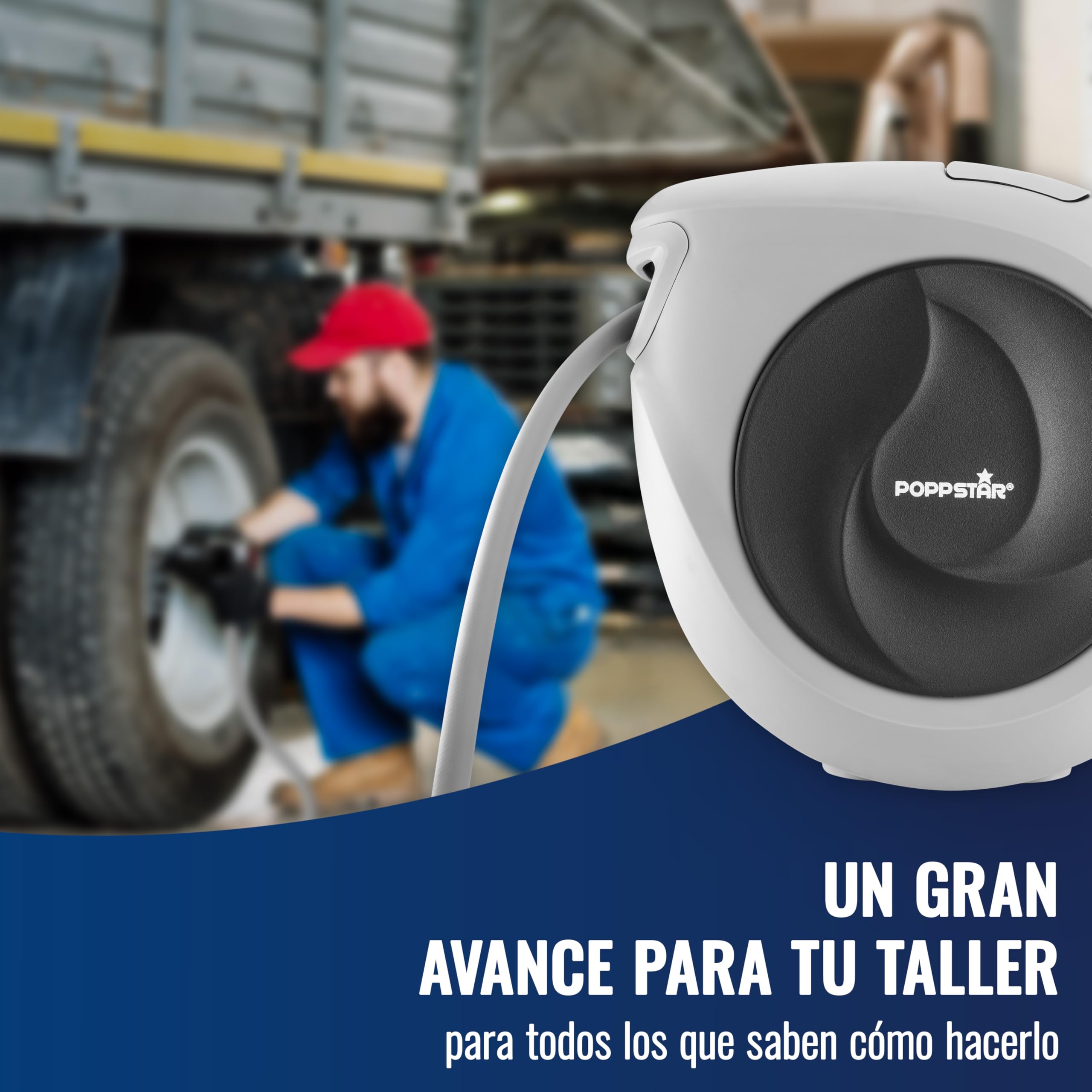 Poppstar Enrollador de manguera de aire comprimido (15m+1,1m, diámetro 3/8" (9,2 x 14 mm)), conexión 1/4" BSPT, carrete de manguera de aire comprimido de PVC híbrido