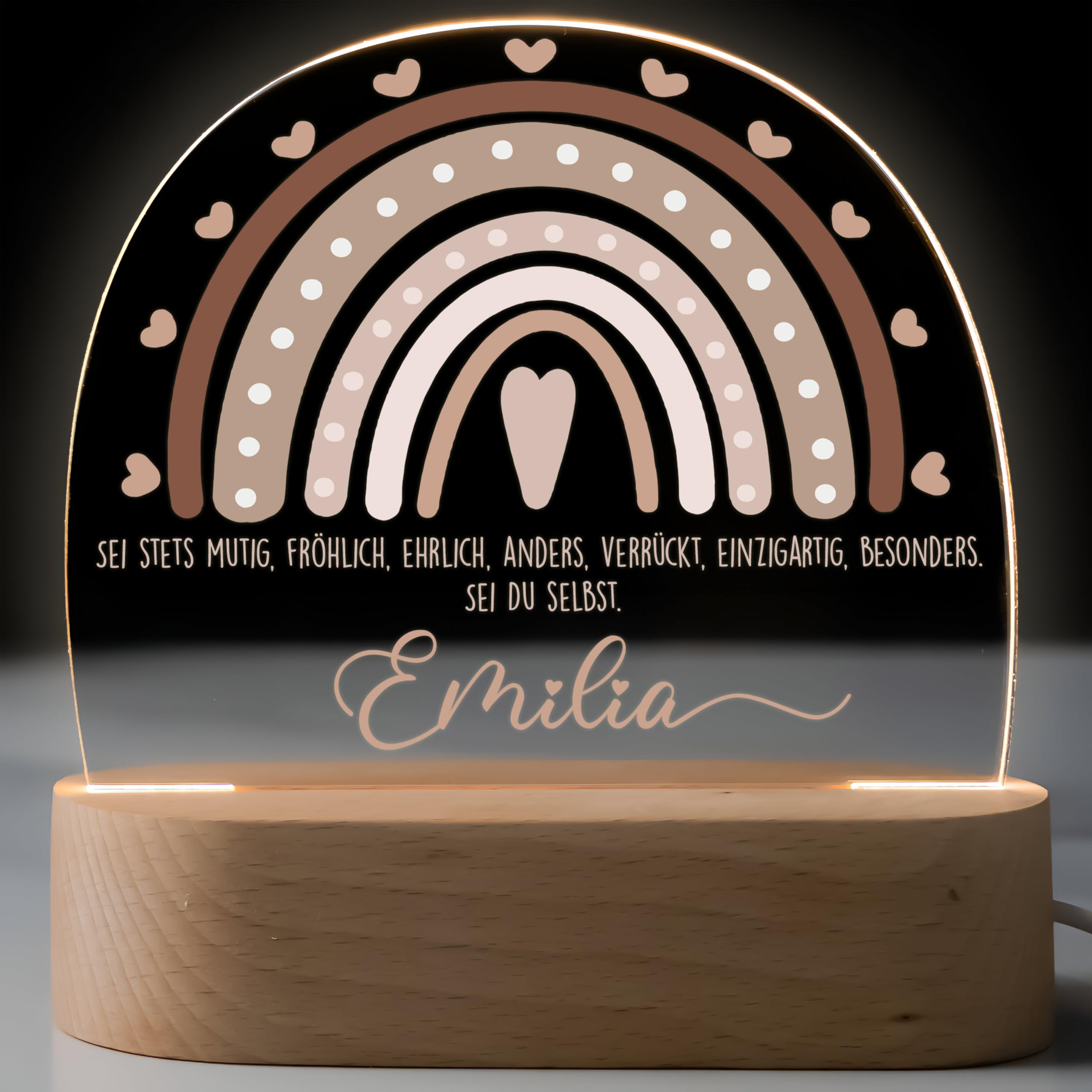 Kidsmood Personalisiertes Nachtlicht Baby mit Namen - Stilllicht Kinder LED, dimmbar, Holz - Babygeschenk Geburt, Taufgeschenk Mädchen Jungen, Kinderzimmer Lampe & Schlummerlicht [Regenbogen Beige]