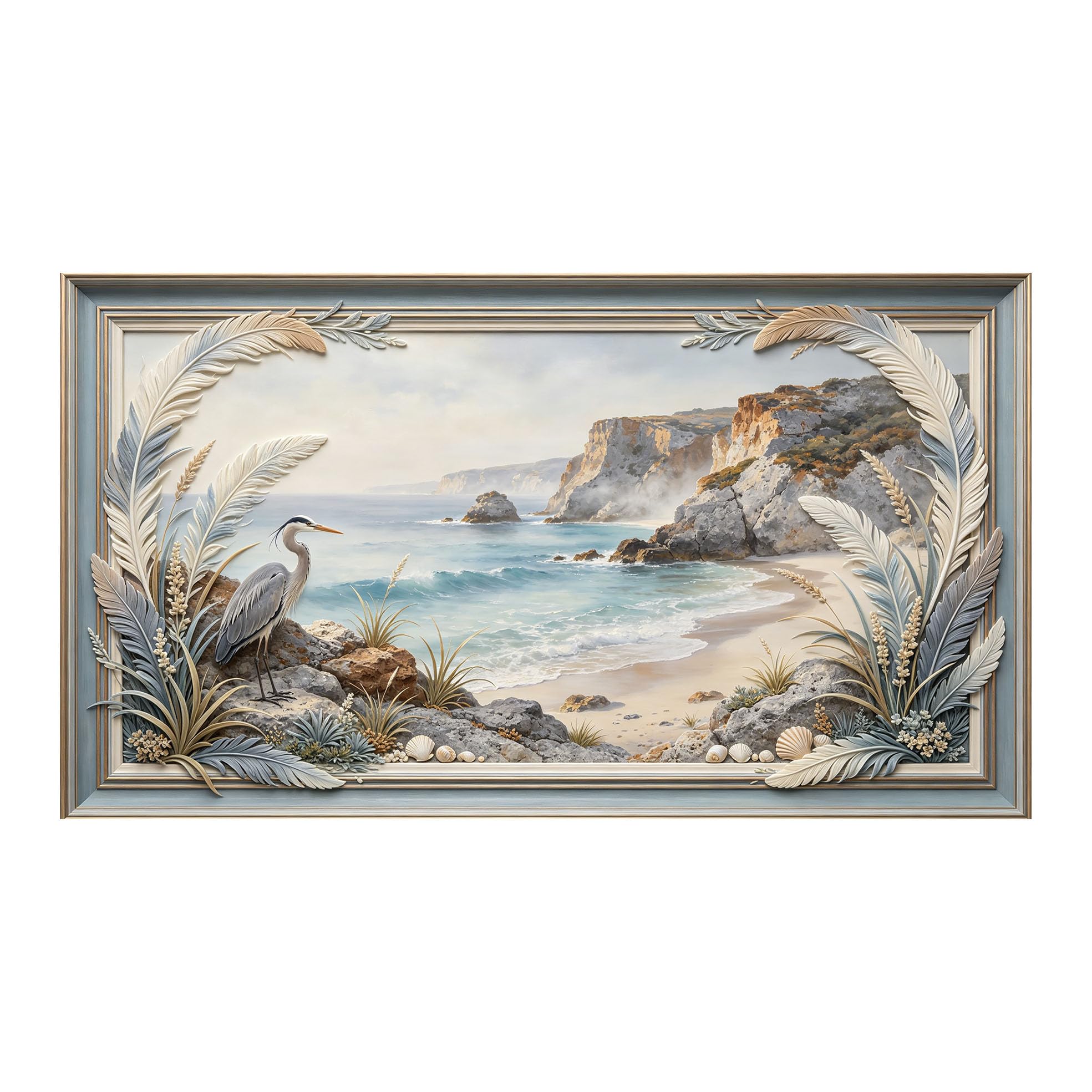 Yzpallescene 3D 3D Framed Wall Art 50cm×90cm Coastal Beach Seascape Oil Painting Large Size SelfAdhesive Removable Wall Decor Prints Artwork for Living Room Bedroom Office
