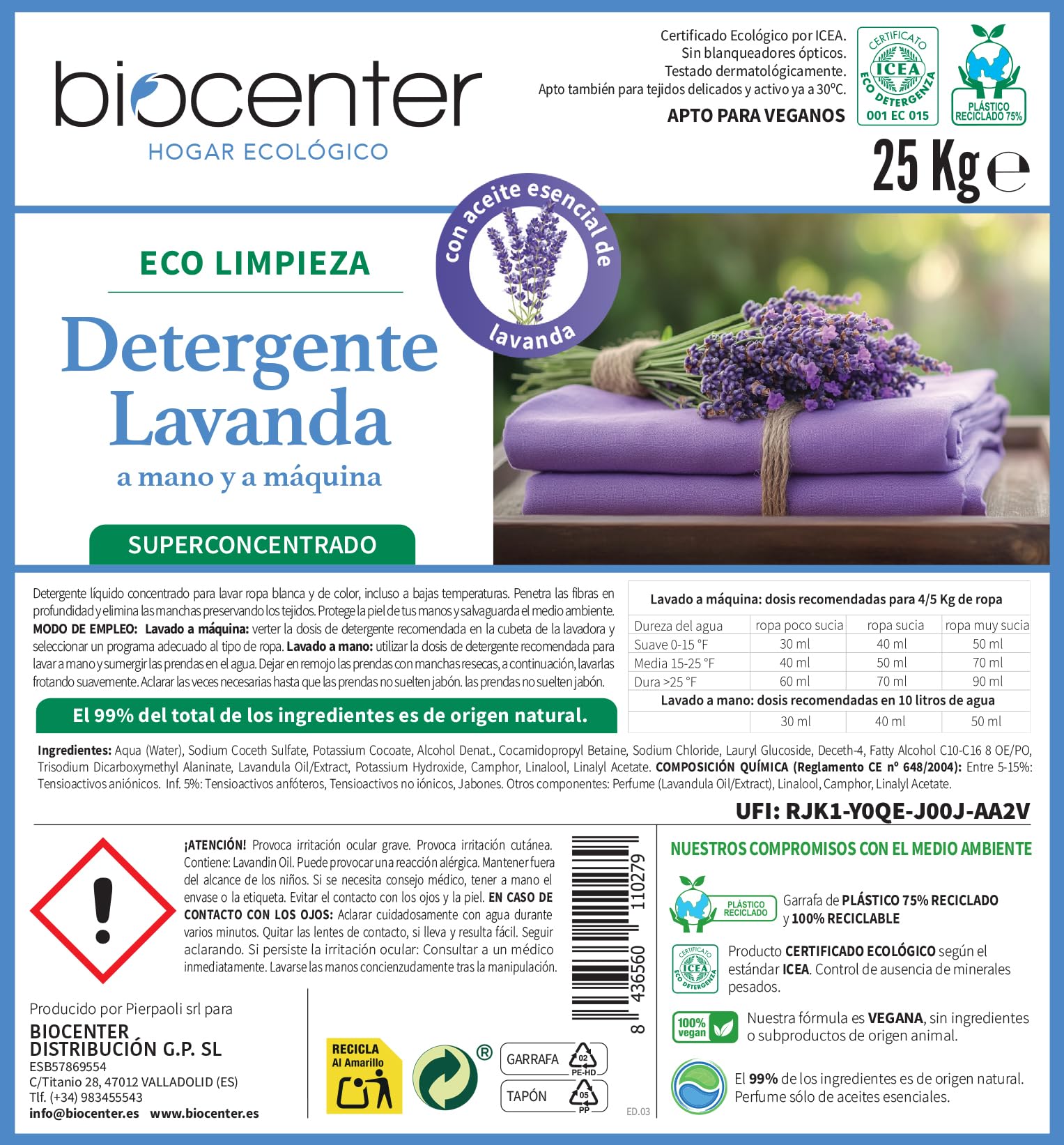 BIOCENTER - Detergente ecológico para Ropa - LAVANDA - Formato a granel de 25 Kg con grifo