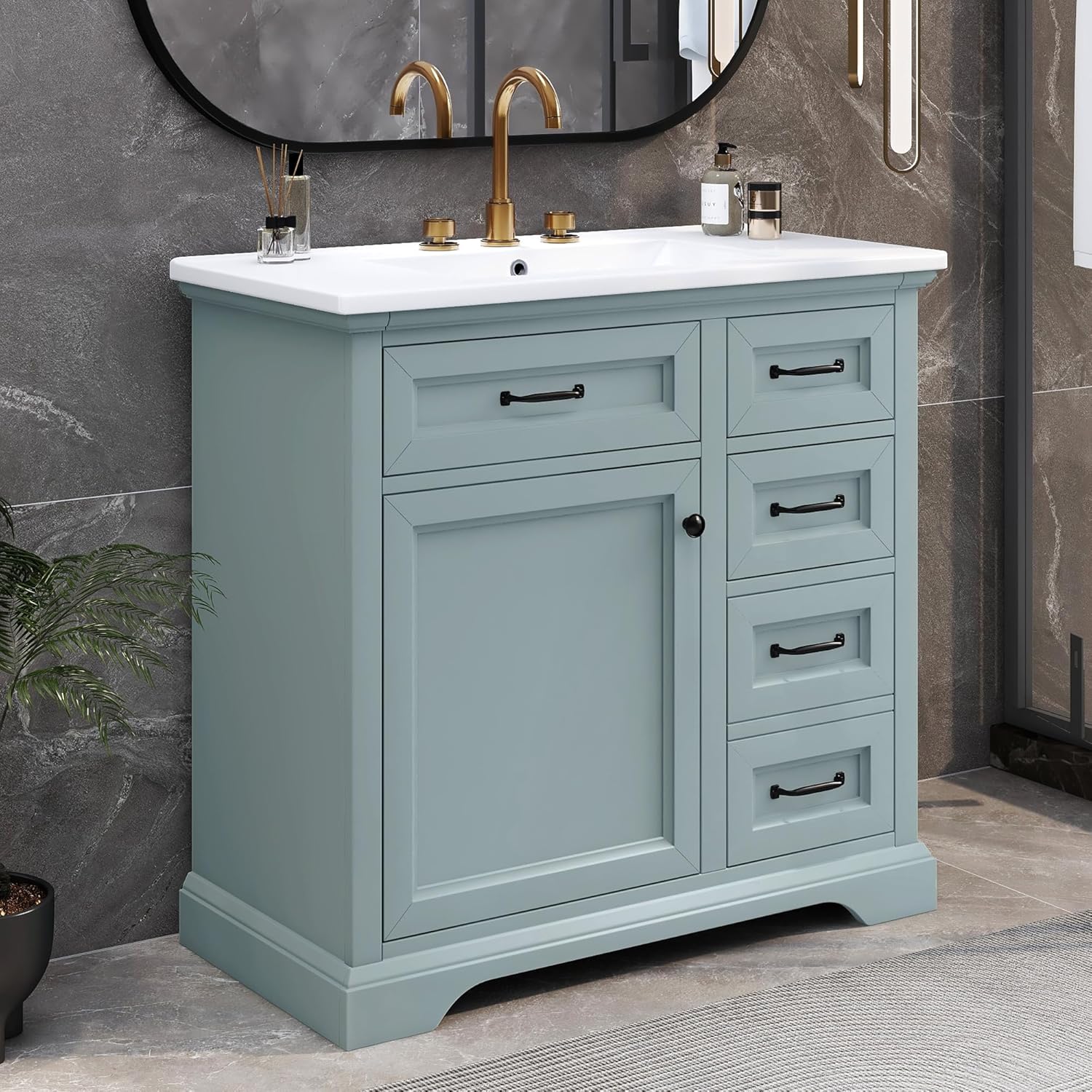 Harper & Bright Designs 36" Bathroom Vanity with Ceramic Sink, Bathroom Cabinet with 2 Tip-Out Drawers, Soft Close Door Hinges, Gray