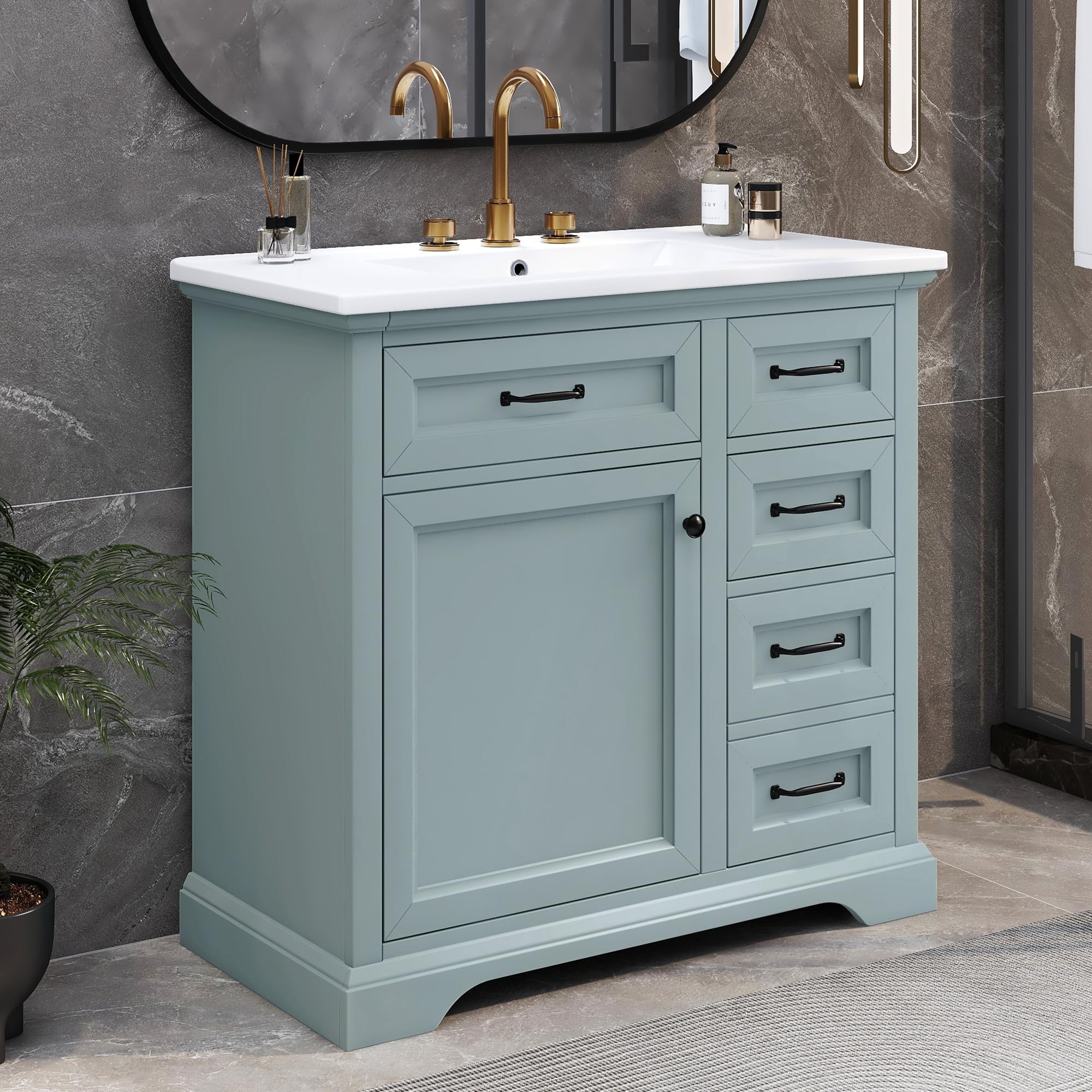 Christopher Knight Home 36" Bathroom Vanity with Ceramic Sink, Wooden Bathroom Vanity Organizer, Bathroom Storage Cabinet, Pedestal Sink Storage