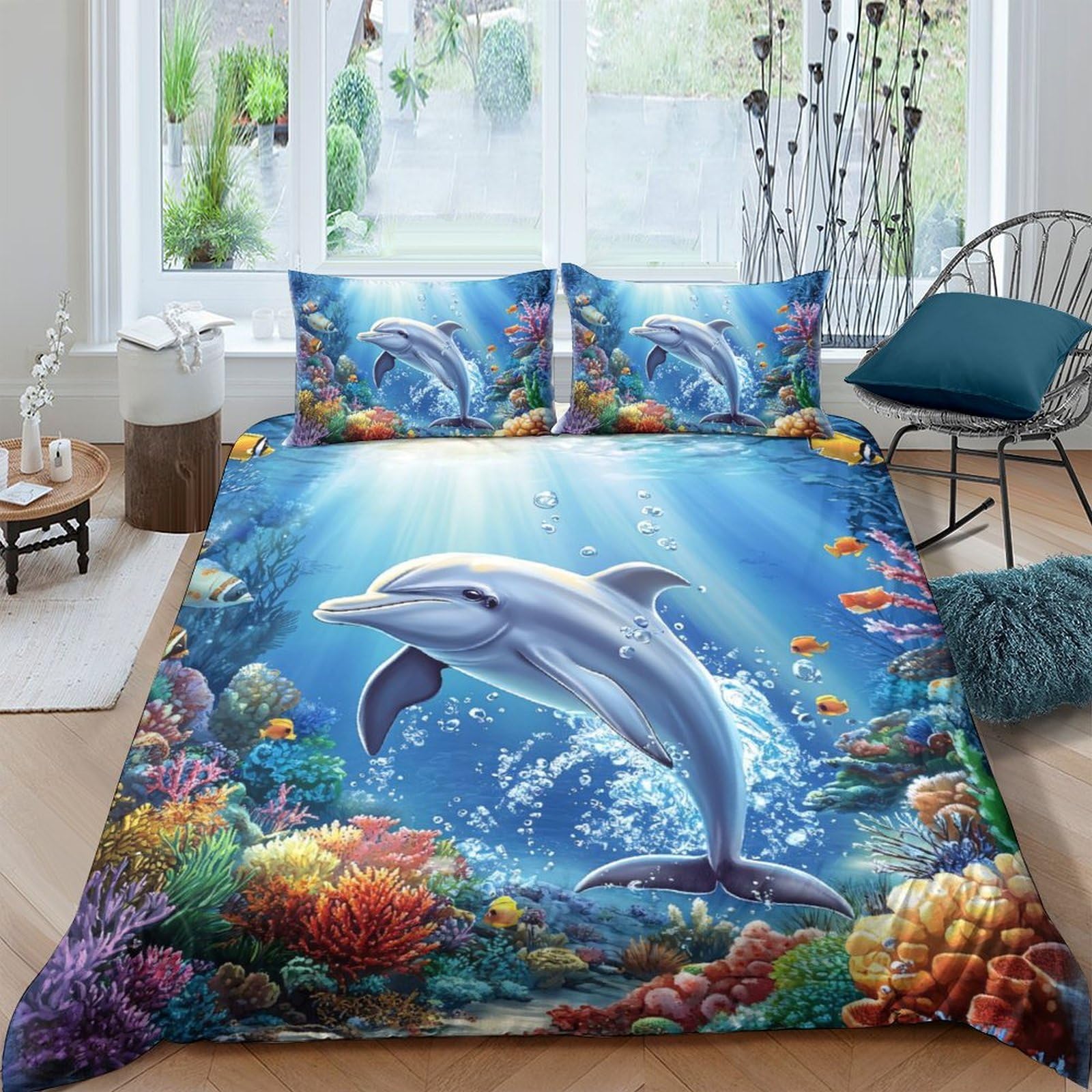 Ctjqhvkz Style-3 3D Printed Ocean Dolphin Fitted Sheet Microfiber Anti-Slip Underwater Coral Mattress Cover Washable Bedroom Decor Single（135X200cm）