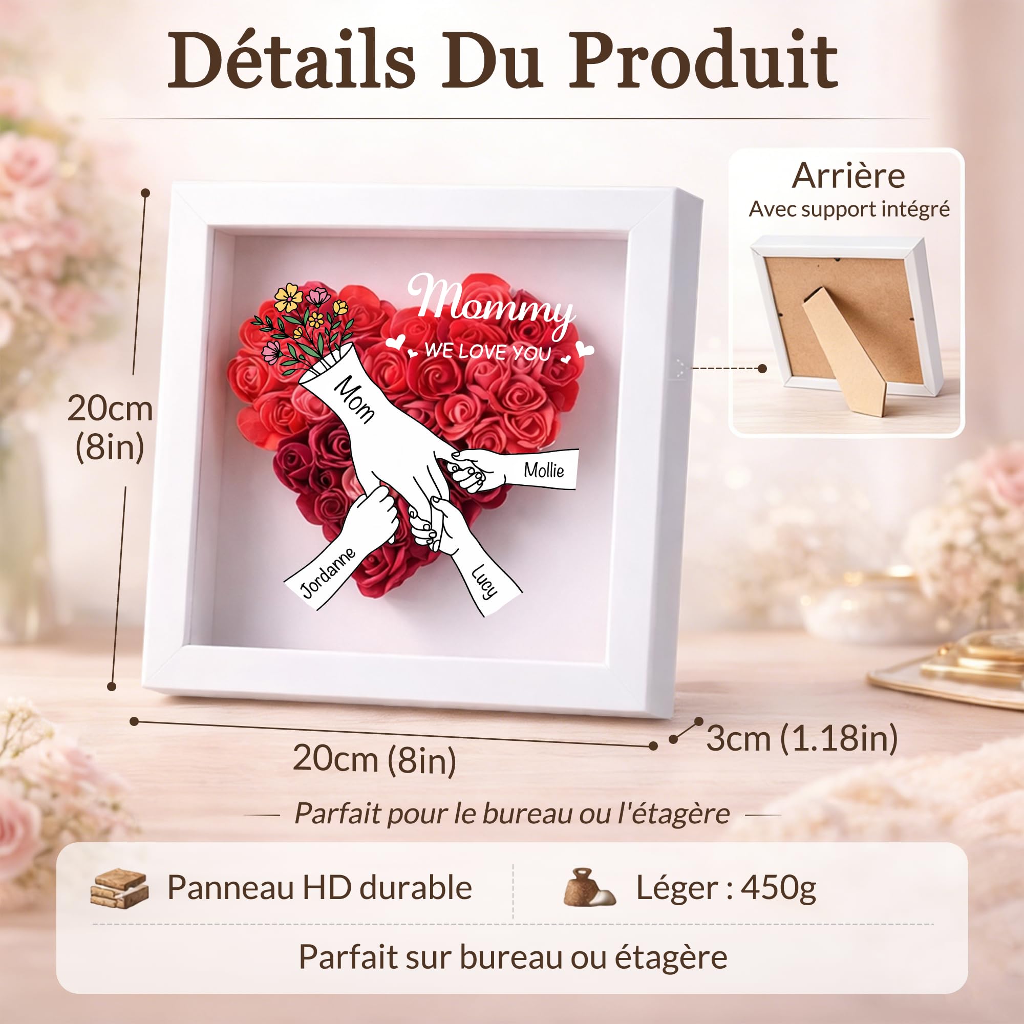 BEXOA Cadeau Fête des Mères Personnalisé, Boîte à Fleurs Cœur avec 2-6 Prénoms, Cadeau pour Maman et Grand-Mère (Style 1)