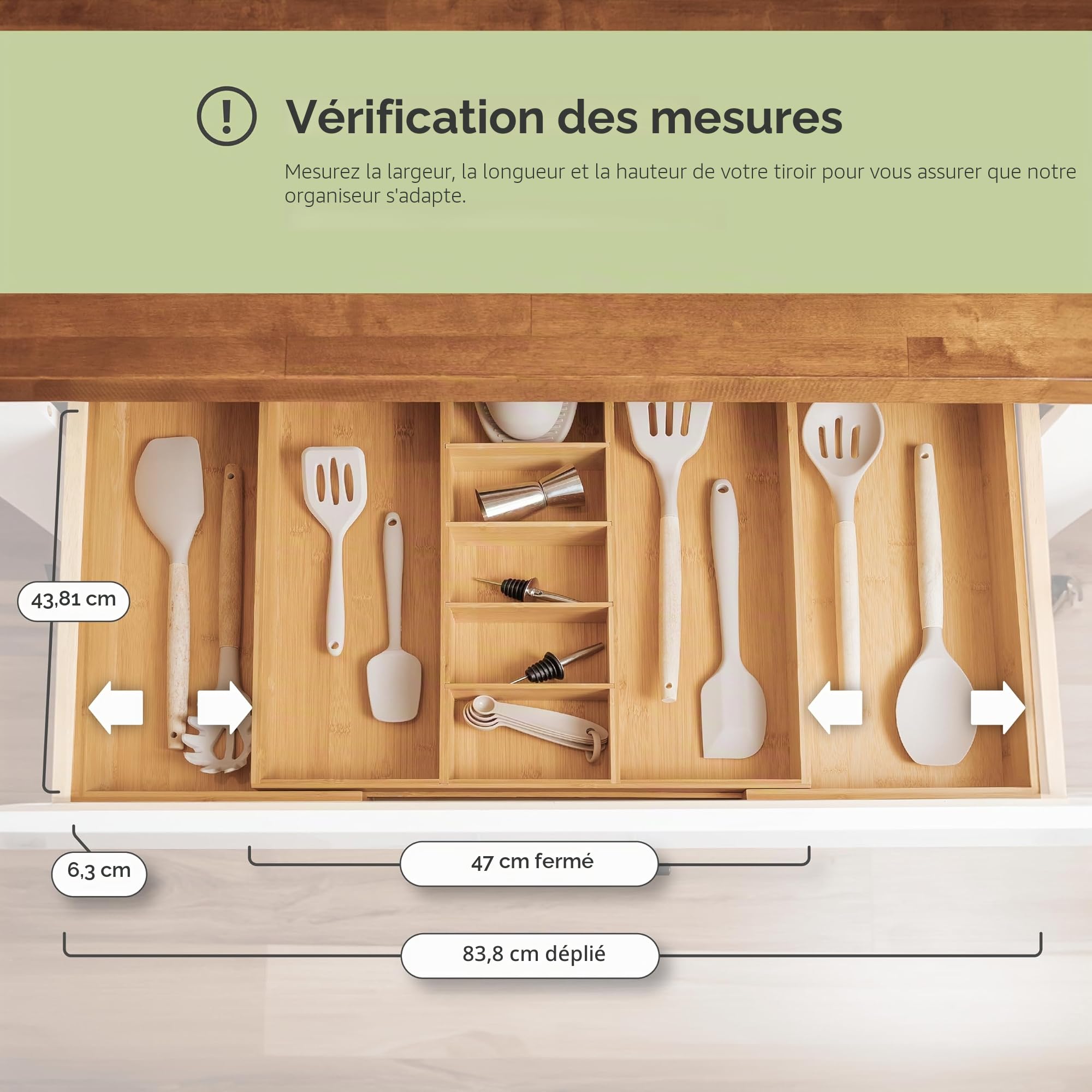 KitchenEdge Organiseur de tiroir de cuisine réglable pour ustensiles et déchets, extensible jusqu'à 83 cm de large, 9 compartiments, 100% bambou