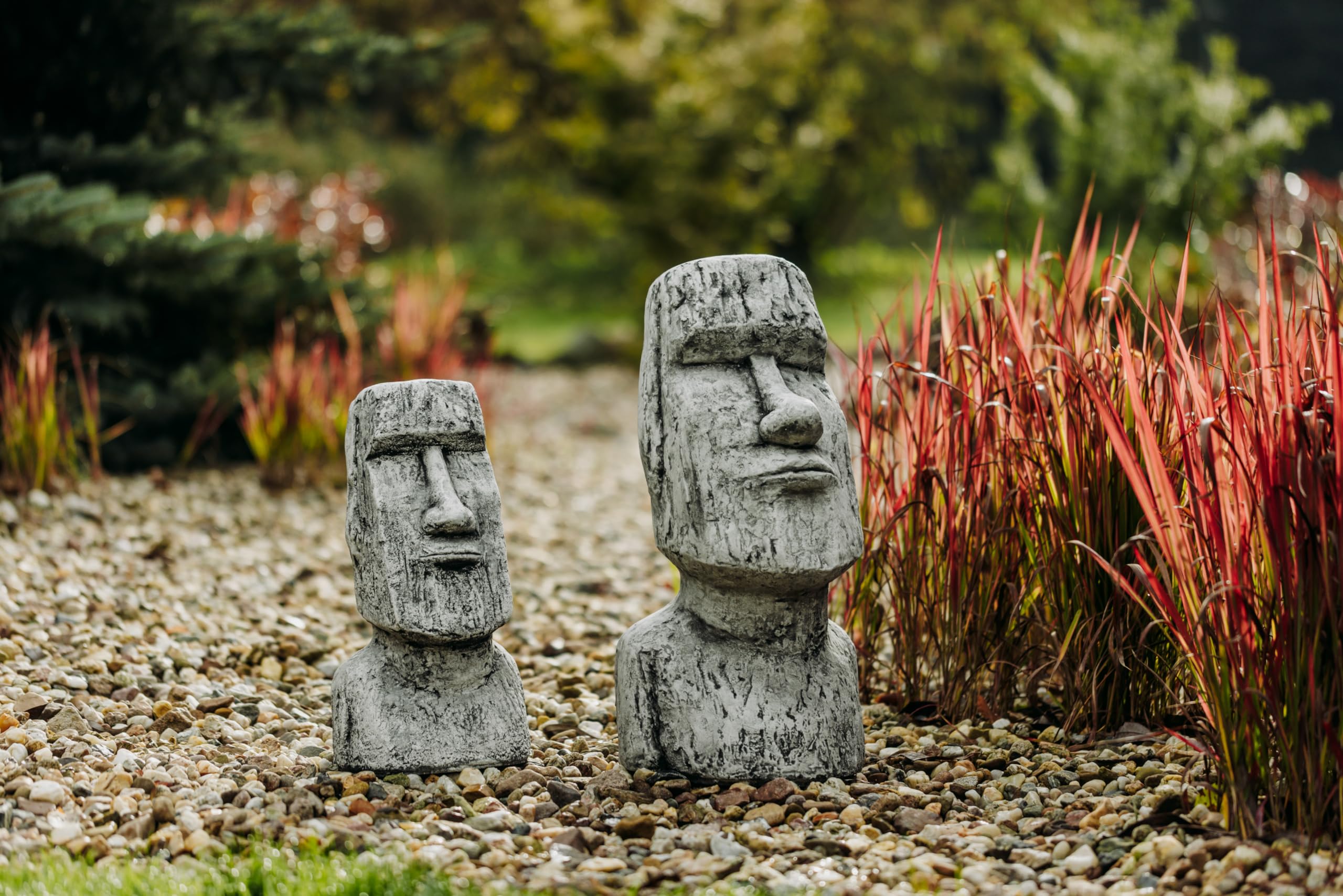 gartendekoparadies.de Set mit Zwei Moai-Stein-Statuen, Steinfigur, H. 55/41 cm, 36 kg / 16 kg, Grau, frostsicher aus Steinguss für Außenbereich