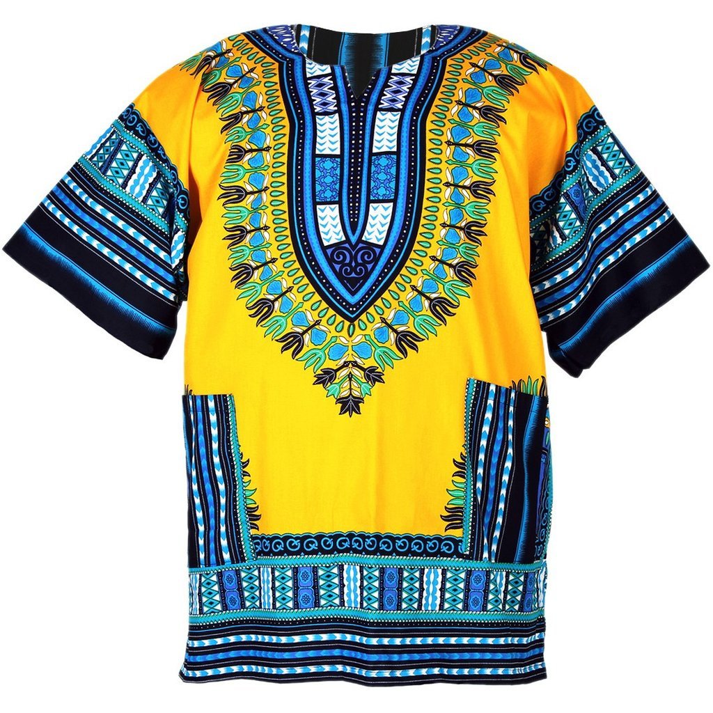 Chainupon Unisex Yellow African Dashiki Cotton Shirt Tribal Festival Boho Hippie Kaftan (Small, )