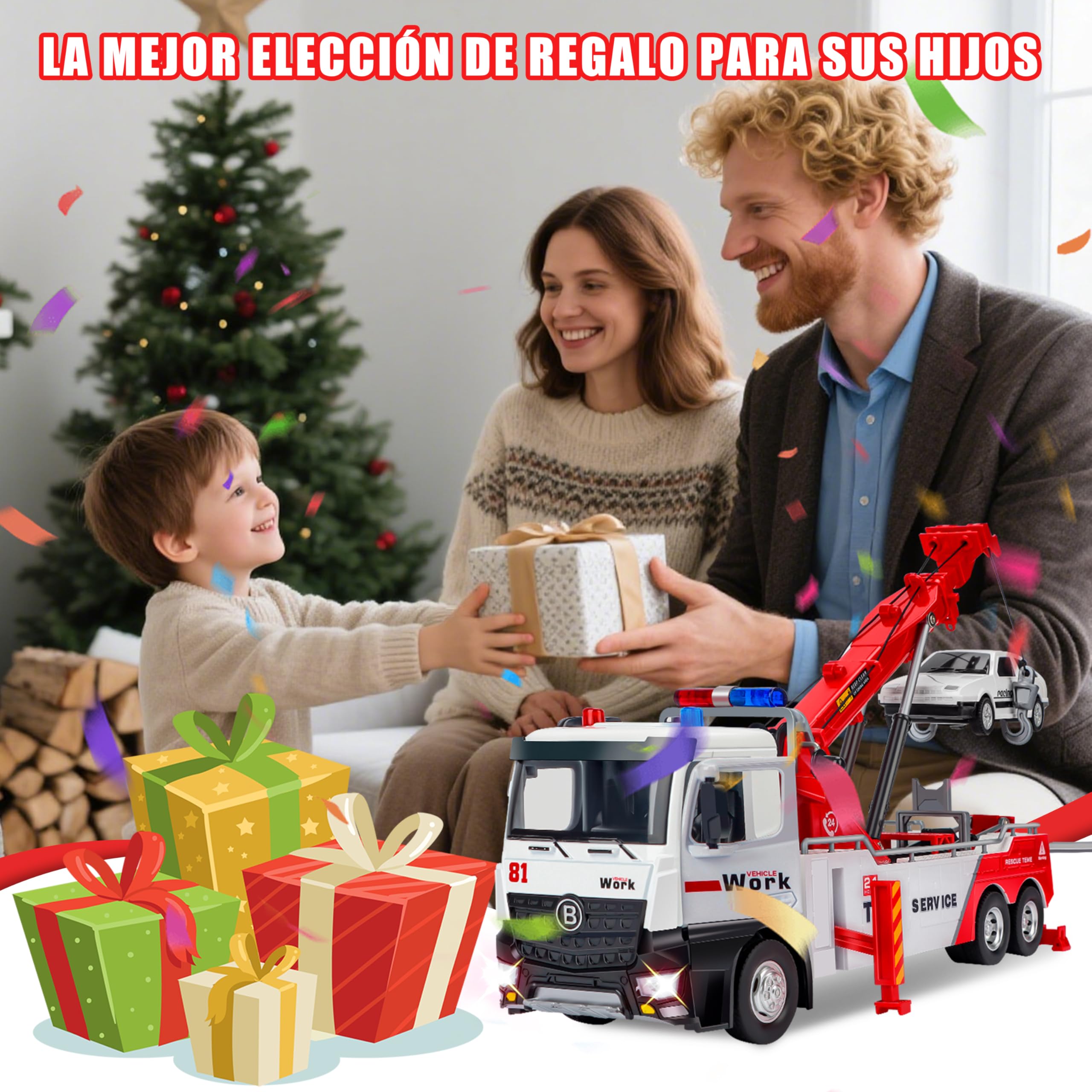 JONRRYIN Camión de Remolque, Grúa de Metal con Sonidos y Luces, Juguete Transport de Rescate para Niños a Partir de 3 años