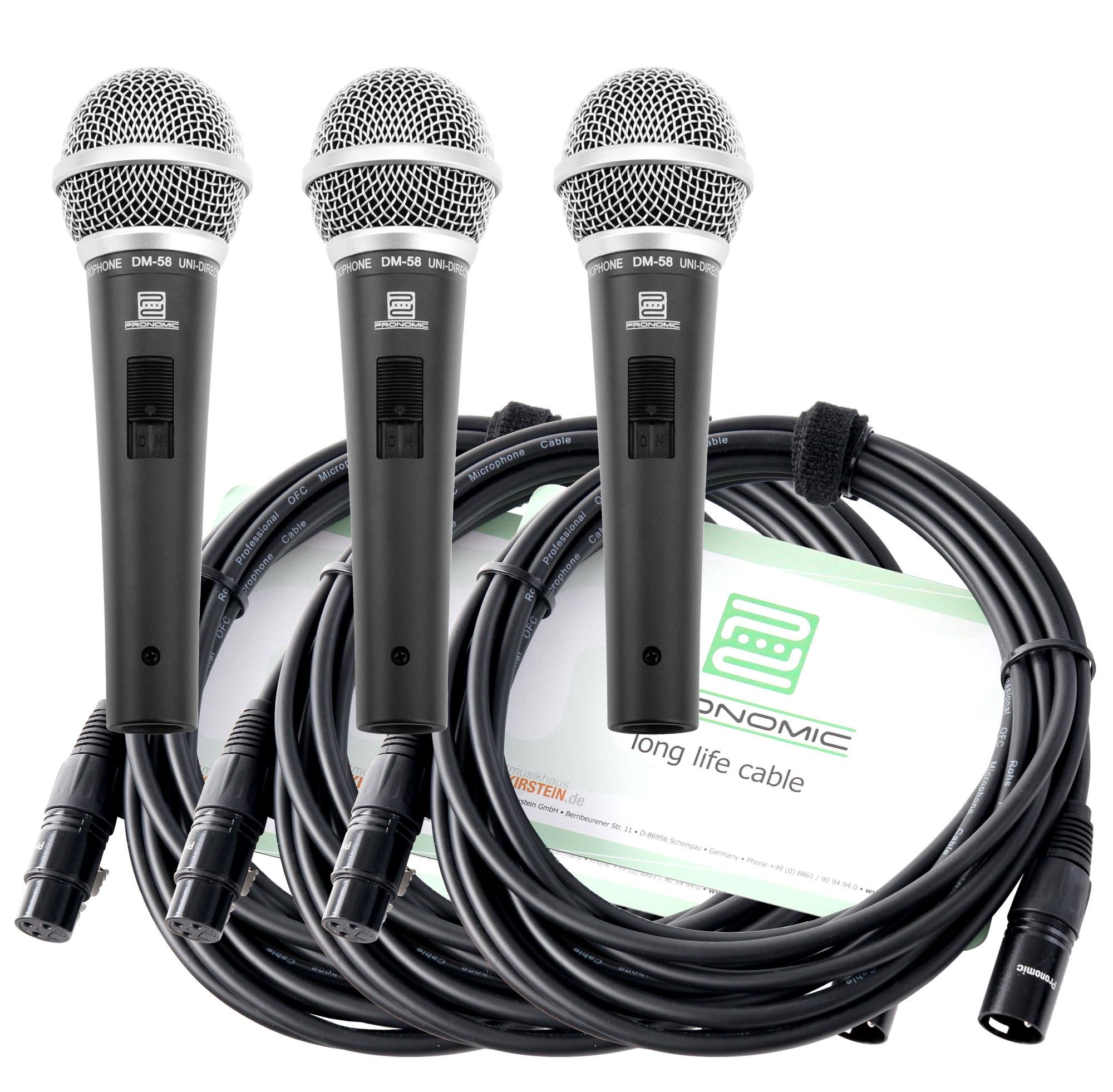 Pronomic DM-58 Vocal Mikrofon 3er Set (3 Mikrofone + 3 Kabel, Typ: Dynamisch, Richtcharakteristik: Superniere, mit Schalter, inkl. 5m XLR-Kabel)