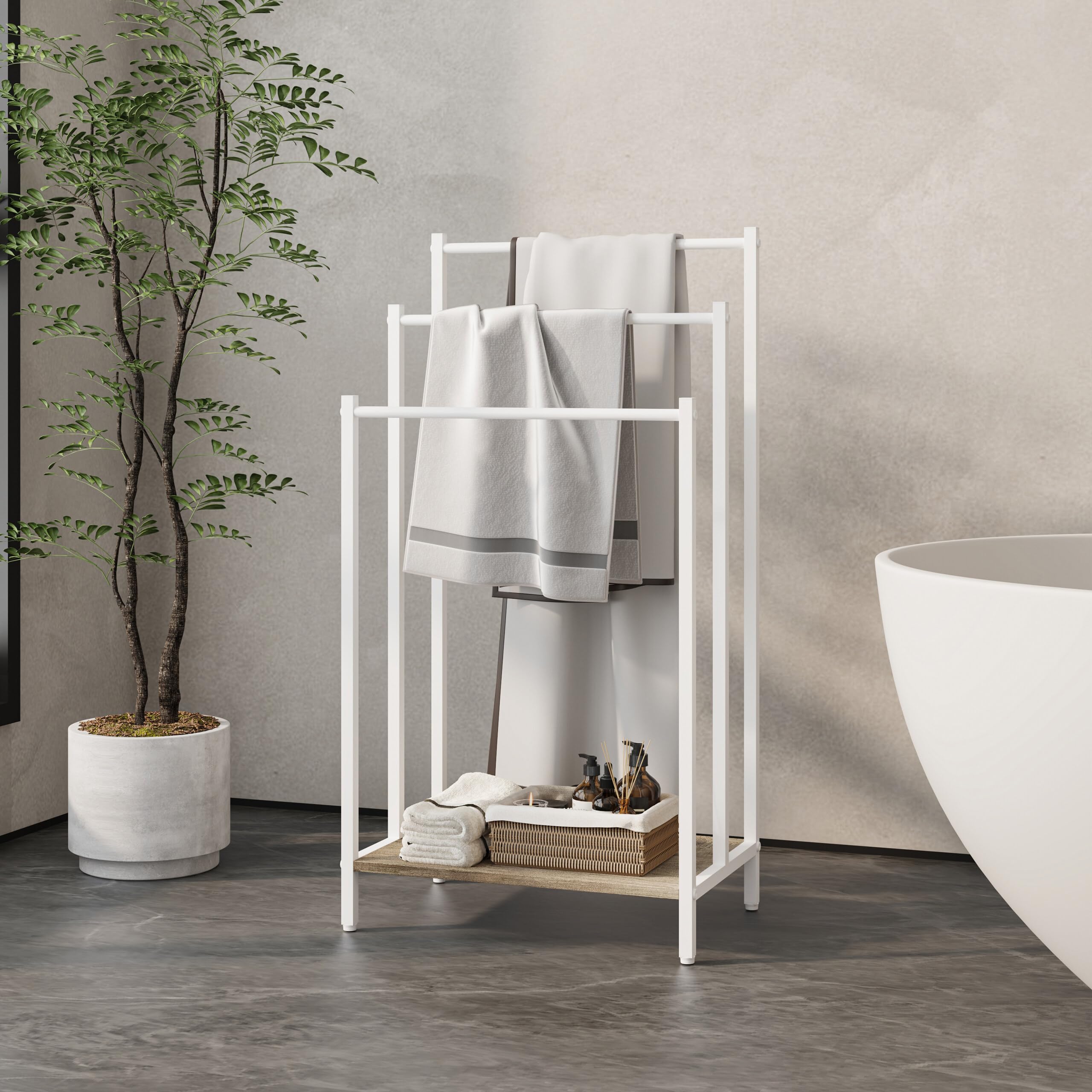 Relaxdays toallero de pie con repisa, Efecto Madera, 3 Barras, 81x43x28 cm, Natural/Blanco