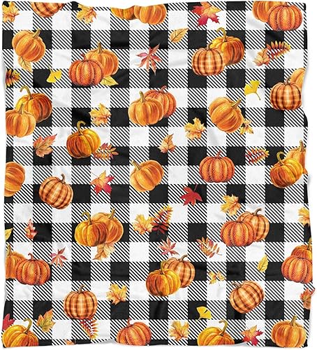 Miniatura 2 de Manta de otoño a cuadros blancos y negros para sofá de 50 x 60 pulgadas, acogedora manta de franela de otoño con hojas de calabaza de otoño y mantas
