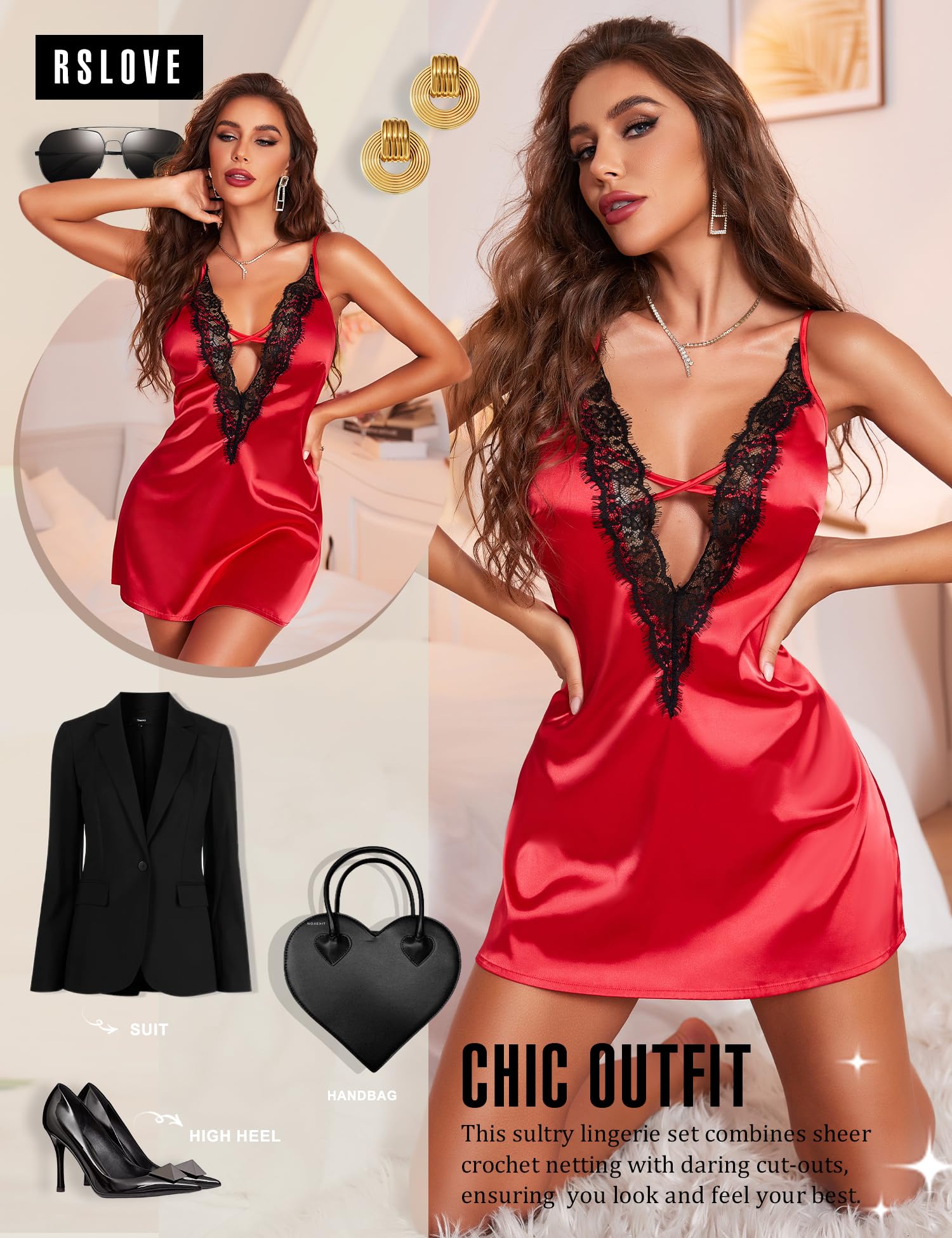 RSLOVE Women's Lingerie Sexy Nightgown - Satin Lace Babydoll Deep V Chemise Full Slips Nightie Sleepwear: X-Large Red