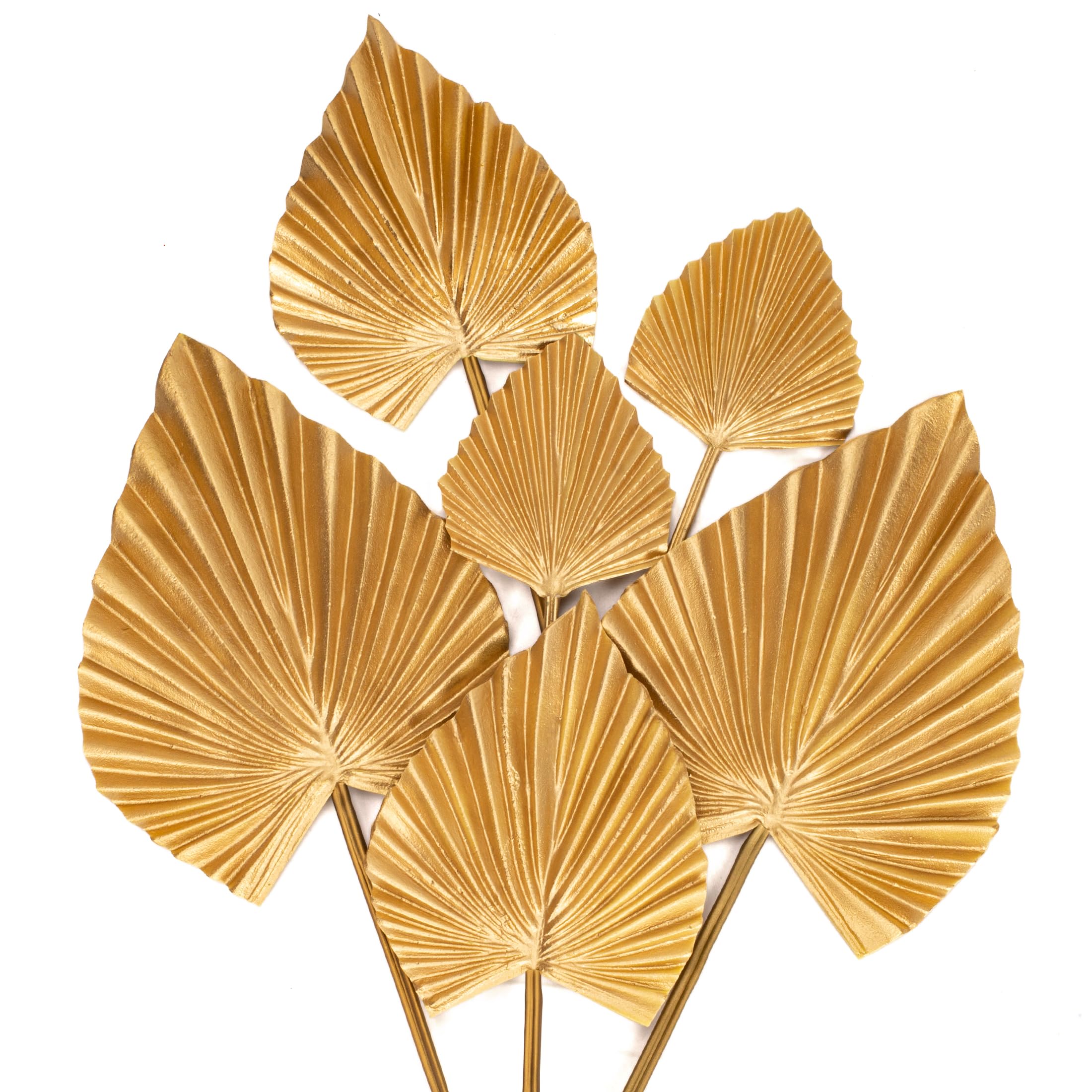 6 Pcs Pu Foam Artificial Golden Leaf Faux Palm Tropical Leaves Fake Palm Fronds for DIY Wedding Bouquets Fake Leaves for Centerpieces Arrangements Bridal Shower Leaf Stem for Party Home Decor-Gold