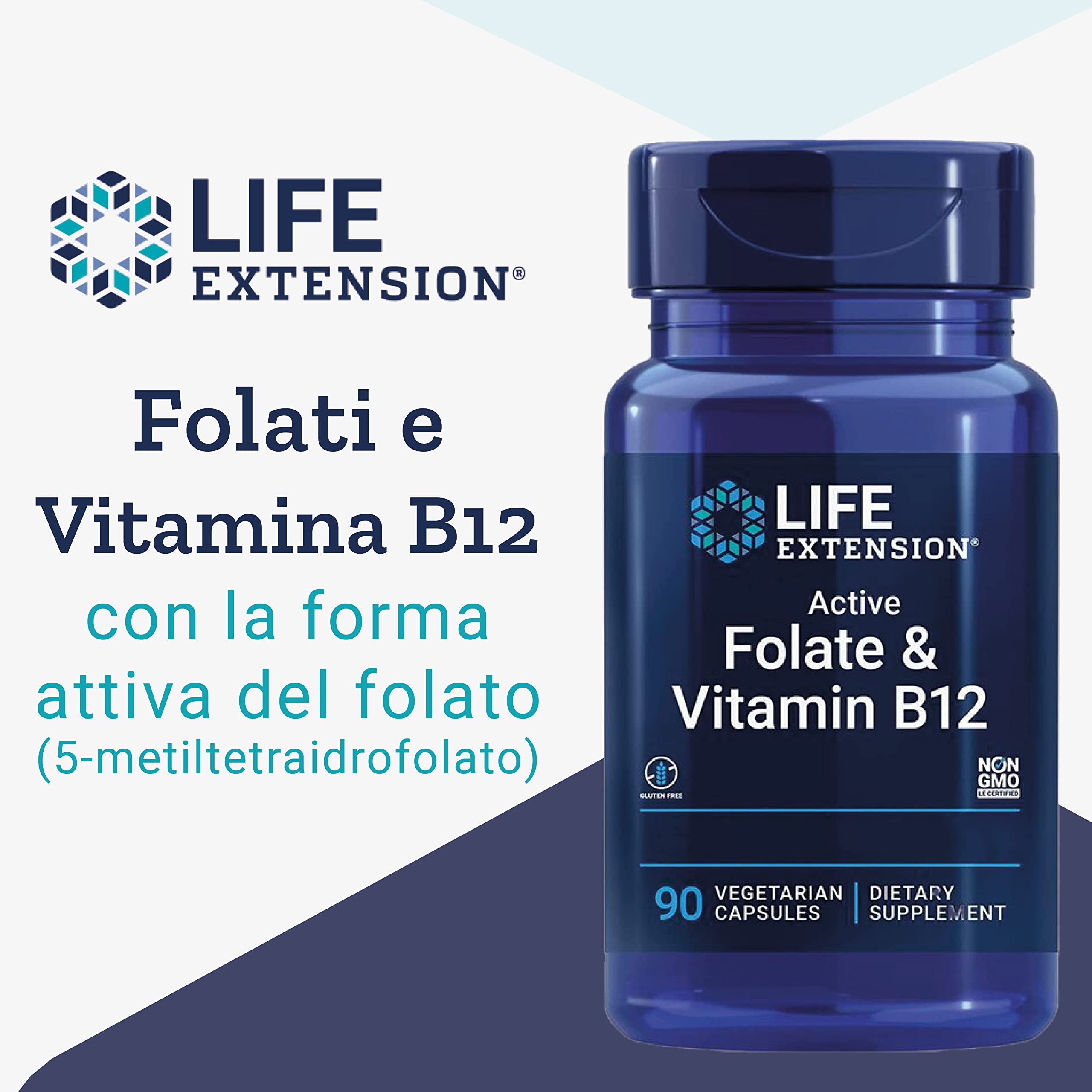Life Extension, Bioactive Folate & Vitamin B12, Altamente Dosato, 90 Capsule vegane, Testate in Laboratorio, Vegetariane, Senza Glutine, Senza Soia, Non OGM