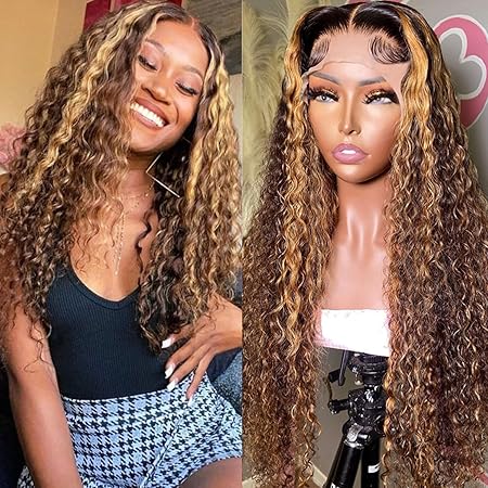Highlight Ombre HD Transparent 13x4 Lace Front Wigs Human Hair 180% Density Honey Blonde 4/27 Deep Wave Lace Front Wigs for Black Women Frontal Curly Wig 22 Inch