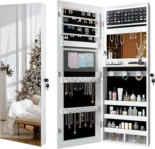 Jajov Armario de espejo de joyería LED montado en la pared sobre la puerta espejo de cuerpo entero con almacenamiento armario de almacenamiento