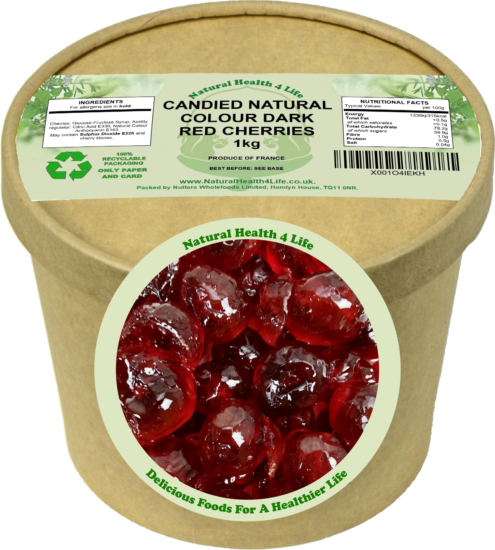 Natural Health 4 Life Candied Natural Dark Red Glace Cherries 1kg โ Cherrys for Baking, Cake Decorating and Christmas Desserts, Preserved in Syrup, Recyclable Paper Tub โ Made in France