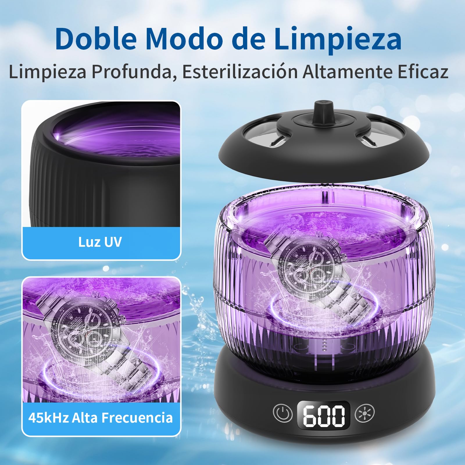 Limpiador Ultrasónico UV de 45 kHz, 25W Ultrasonidos Limpieza de 3 Modos, Profunda 360°, Máquina limpiadora Ultrasónica Portátil de 190ml para, Dentaduras, Alineador, Joyas (negro)