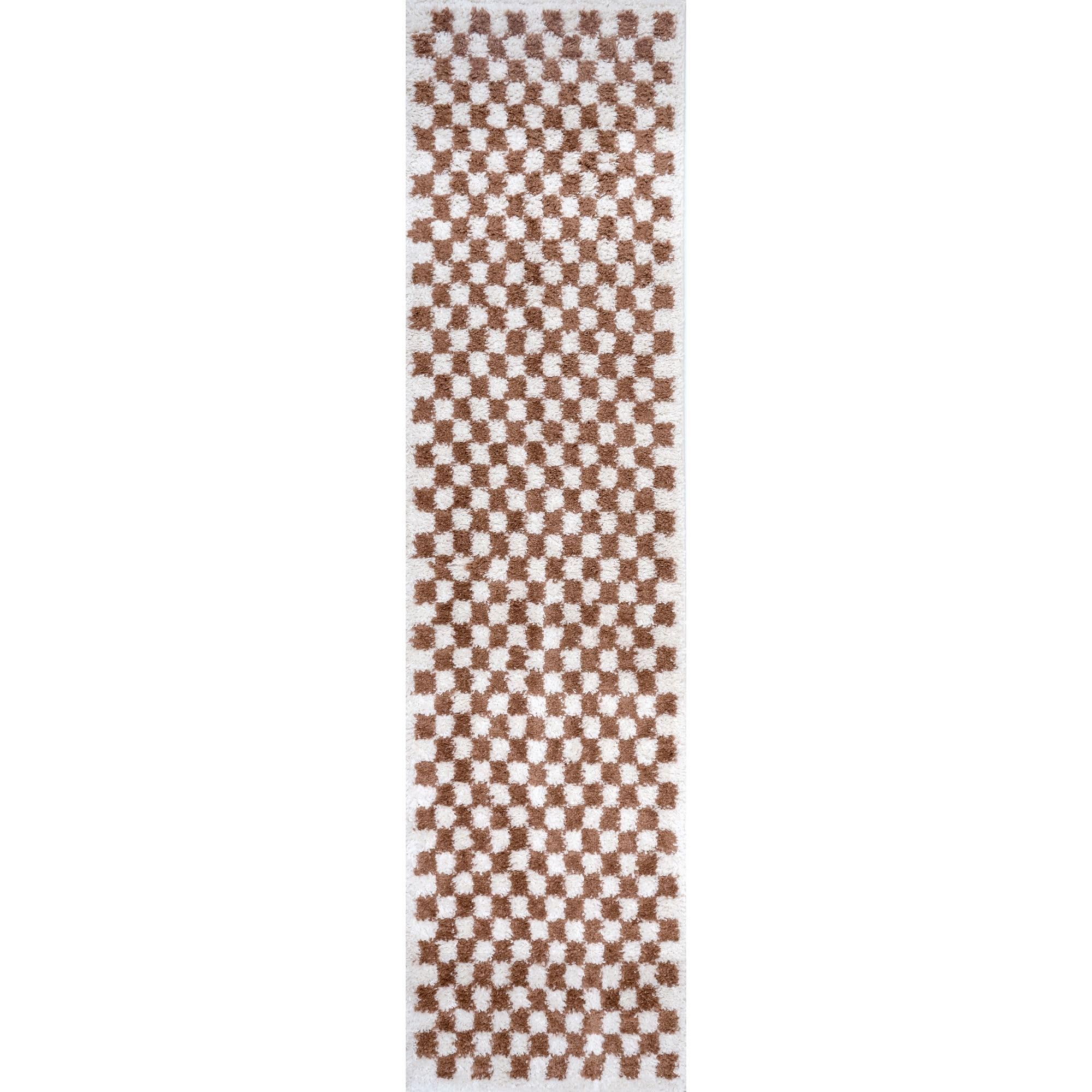 The Rugs Unisex Terracotta Moodi Chequered Shaggy Soft High Pile Living Room Rug & Runner In | Size: 80Cm X 300Cm