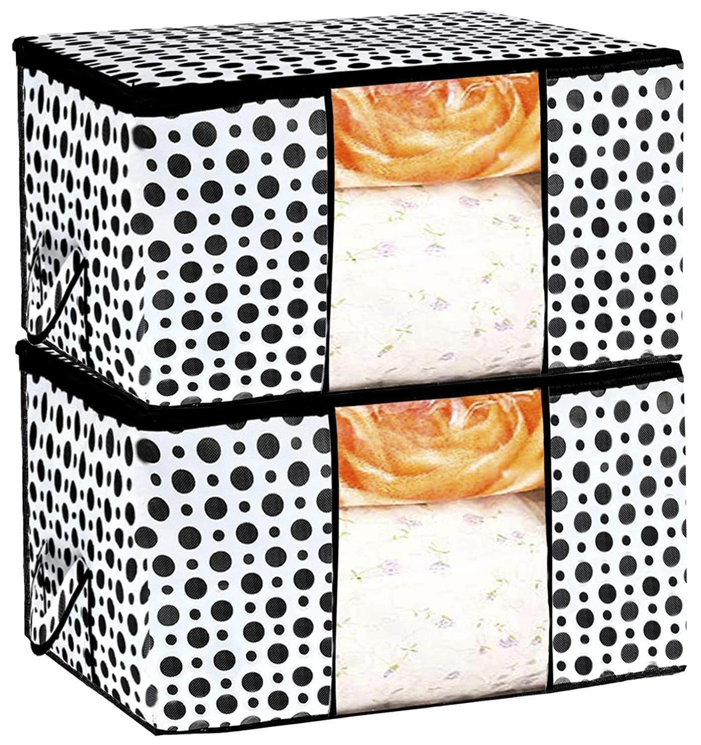 KUBER INDUSTRIES Polka Dots Design Non Woven 2 Pieces Underbed Storage Bag,Cloth Organiser,Blanket Cover with Transparent Window (Black & White), 65 x 45 x 31 Cm