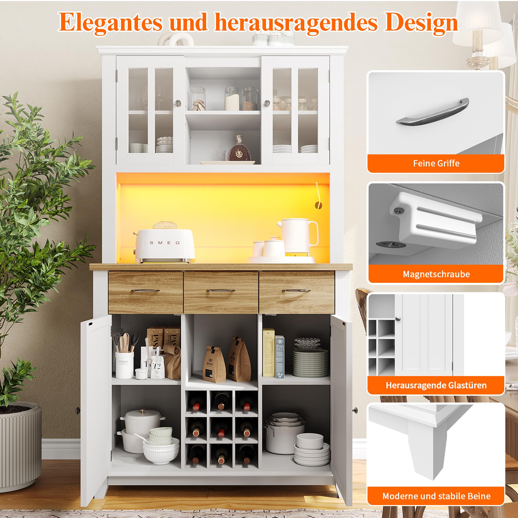 Lexiou Mobile Dispensa Cucina,Credenza Cucina Alta Mobile Dispensa Buffet,Credenza Cucina con Illuminazione a LED,Ripiani Regolabili, Grande Spazio, Cucina, Sala da Pranzo,106 x 40 x 179.5cm (Bianco)