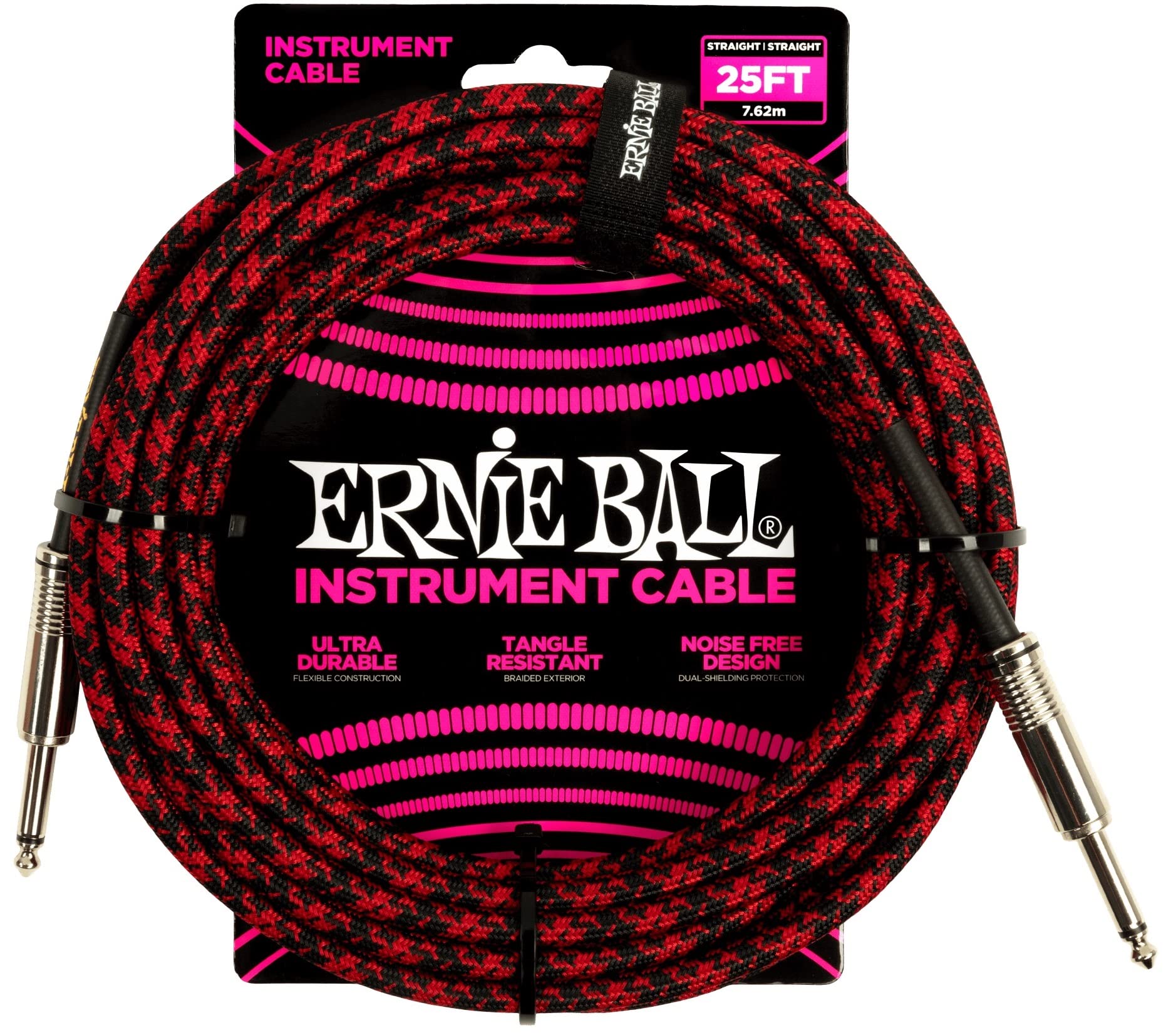 【正規品】 ERNIE BALL 6398 楽器用シールドケーブル 25フィート BRAIDED INSTRUMENT CABLE 7.62m レッド・ブラック