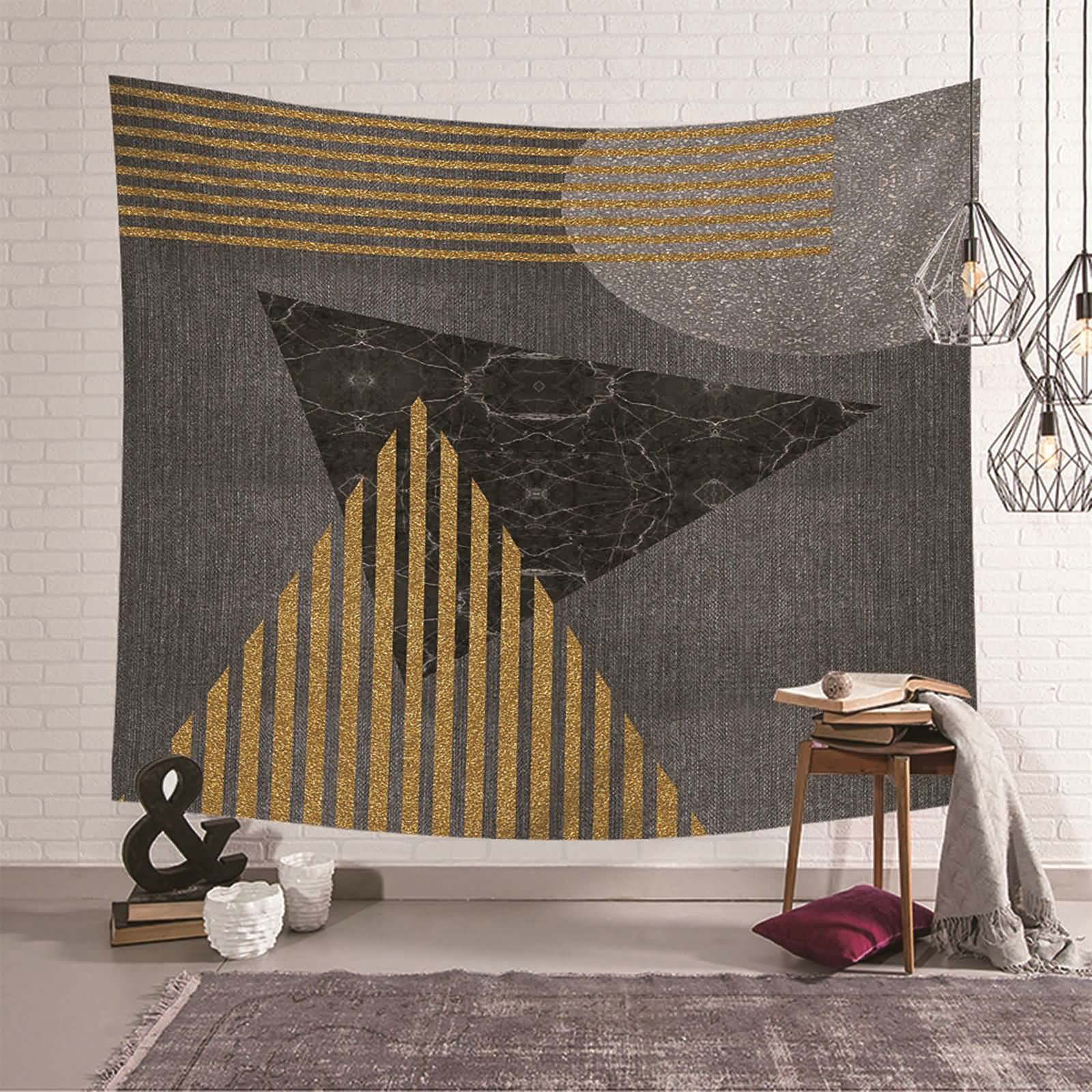 Tapiz de pared geométrico KnSam de poliéster gris y dorado para salón de 150x130 cm