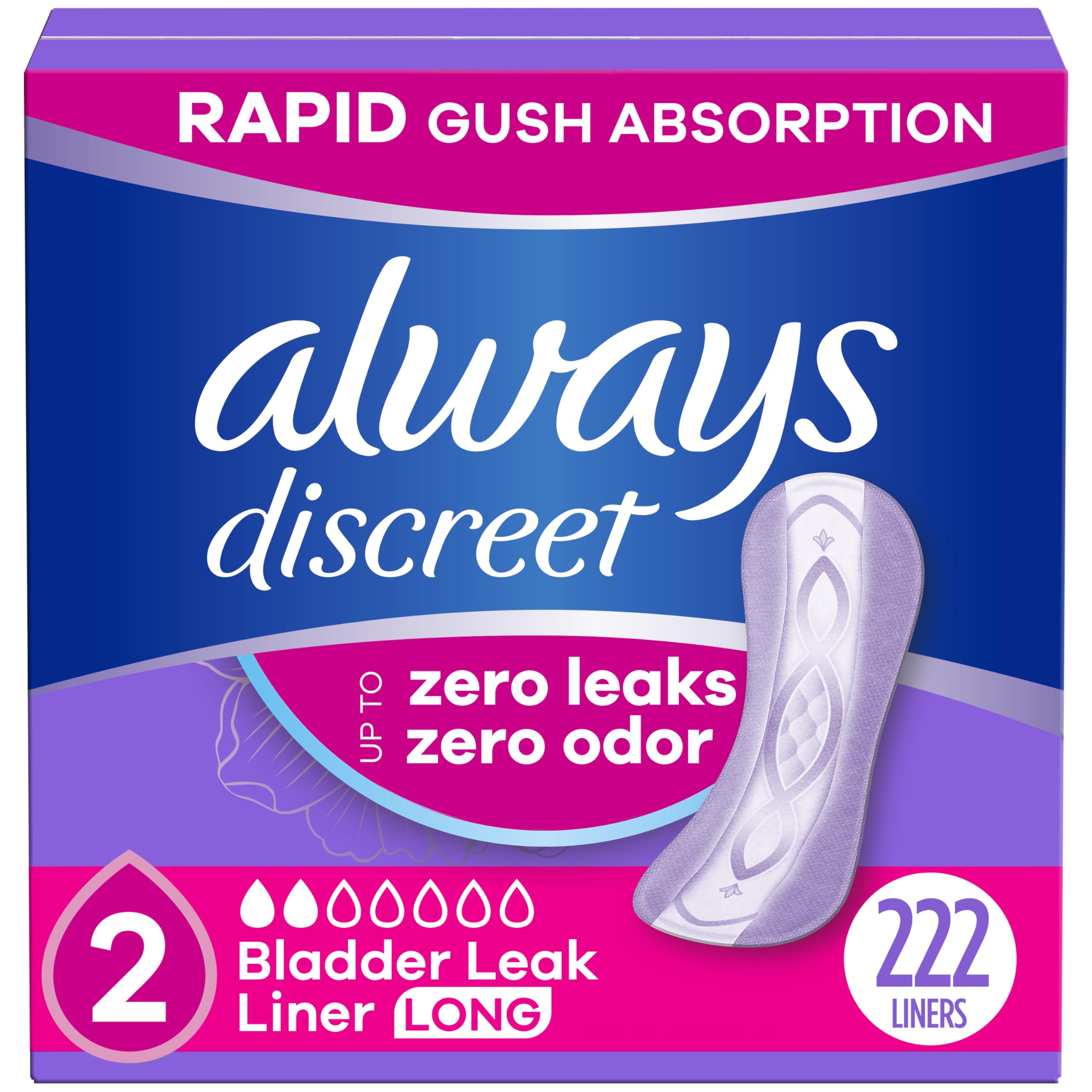 Always Discreet Incontinence Panty Liners for Bladder Leaks, Size 2, Very Light Absorbency, Long Length, 222 Count (Packaging May Vary)