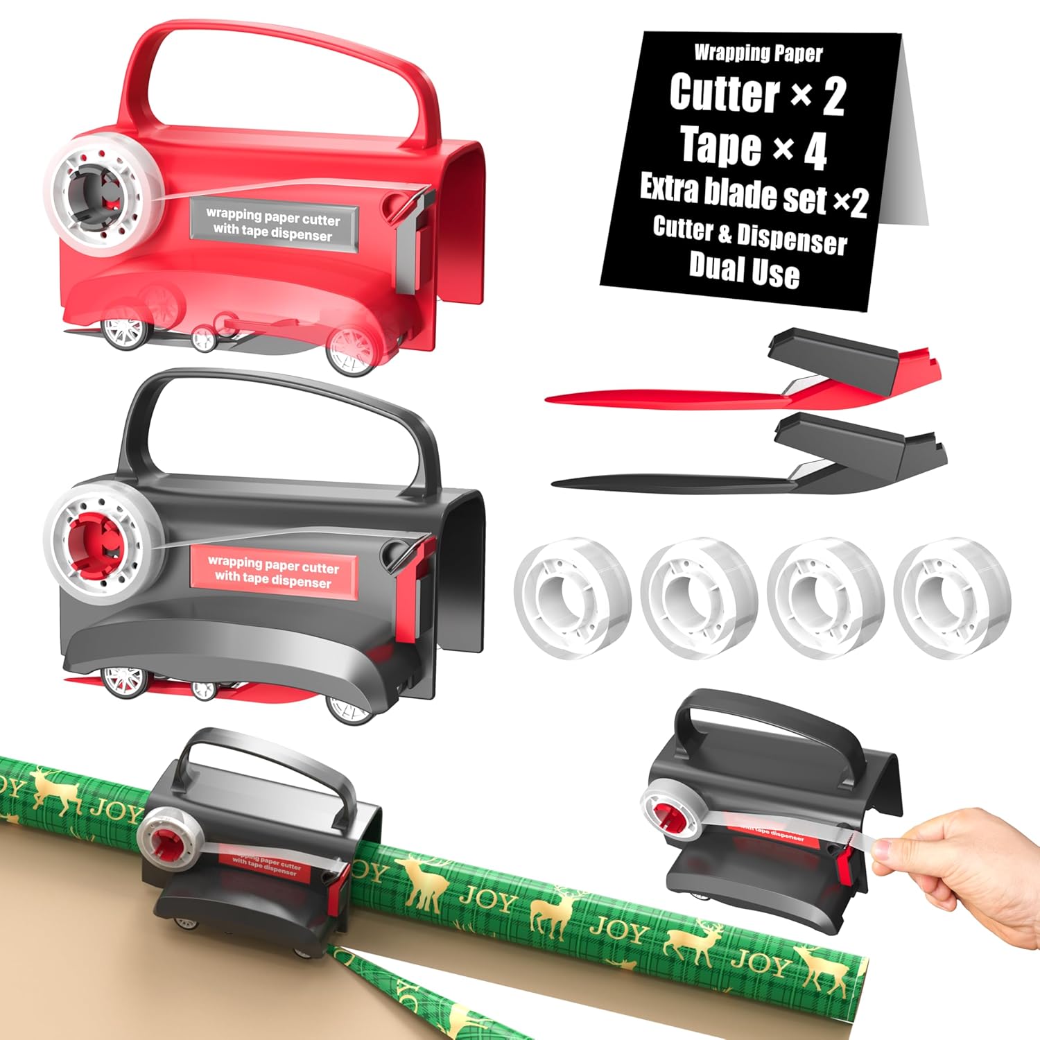 (2-Pack) Wheel Wrapping Paper Cutter & Tape Dispenser with 4 Tapes,2 Replace Blades Kit for Christmas Gift Wrap Cutter Tool Paper Roll Holder Tube Sliding Slicing for Birthday...