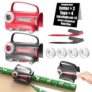 Wraprocut (2-Pack) Wheel Wrapping Paper Cutter & Tape Dispenser with 4 Tapes2 Replace Blades Kit for Christmas Gift Wrap Cutter Tool Paper Roll Holder Tube Sliding Slicing for Birthday Holiday.