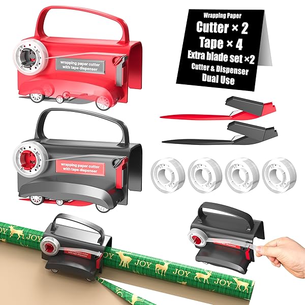 Wraprocut (2-Pack) Wheel Wrapping Paper Cutter & Tape Dispenser with 4 Tapes2 Replace Blades Kit for Christmas Gift Wrap Cutter Tool Paper Roll Holder Tube Sliding Slicing for Birthday Holiday.